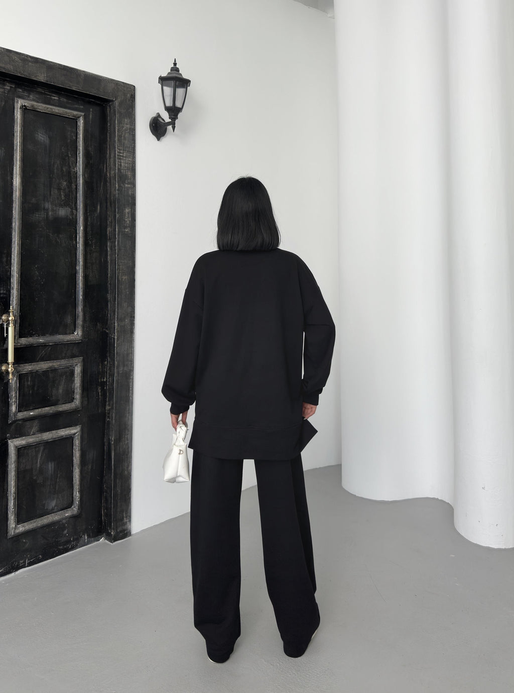 Siyah Kadın Oversize Yarım Fermuar Kapamalı Cep Üzeri Taşlı Bol Paça Pamuklu Örme Alt Üst Takım