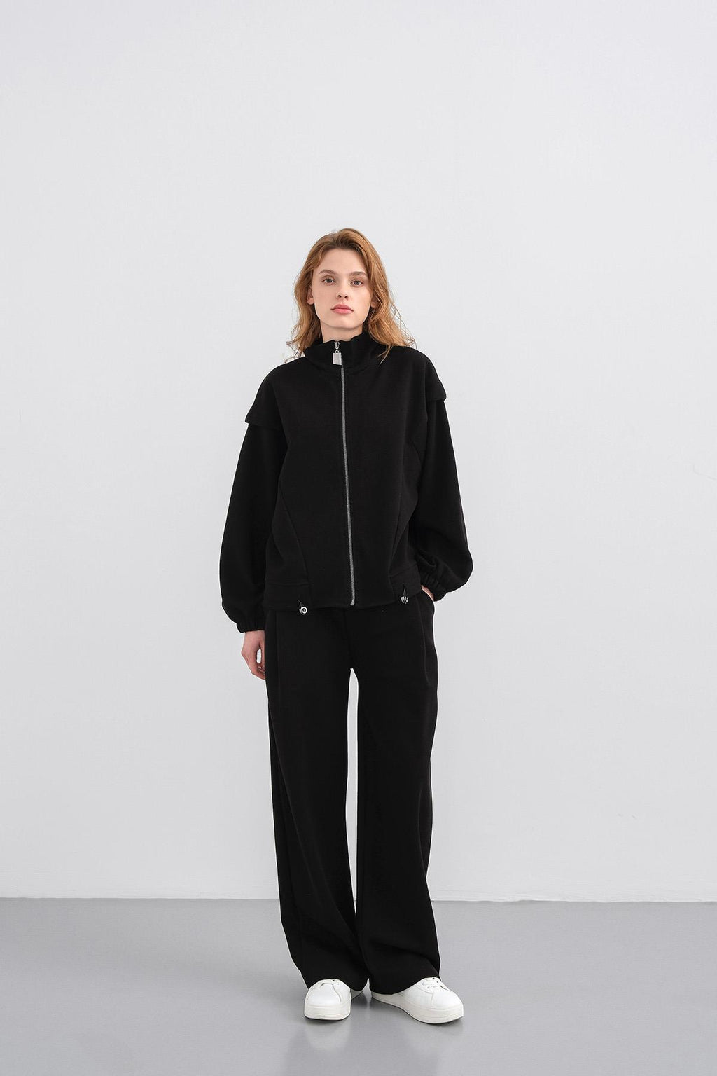 Siyah Kadın Pike Dokulu Bel Ayarlanabilir Fermuar Detaylı Bol Paça Alt-Üst Takım