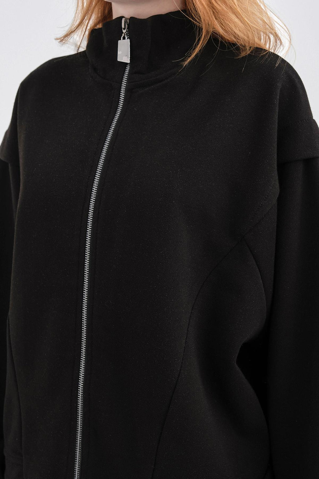 Siyah Kadın Pike Dokulu Bel Ayarlanabilir Fermuar Detaylı Bol Paça Alt-Üst Takım