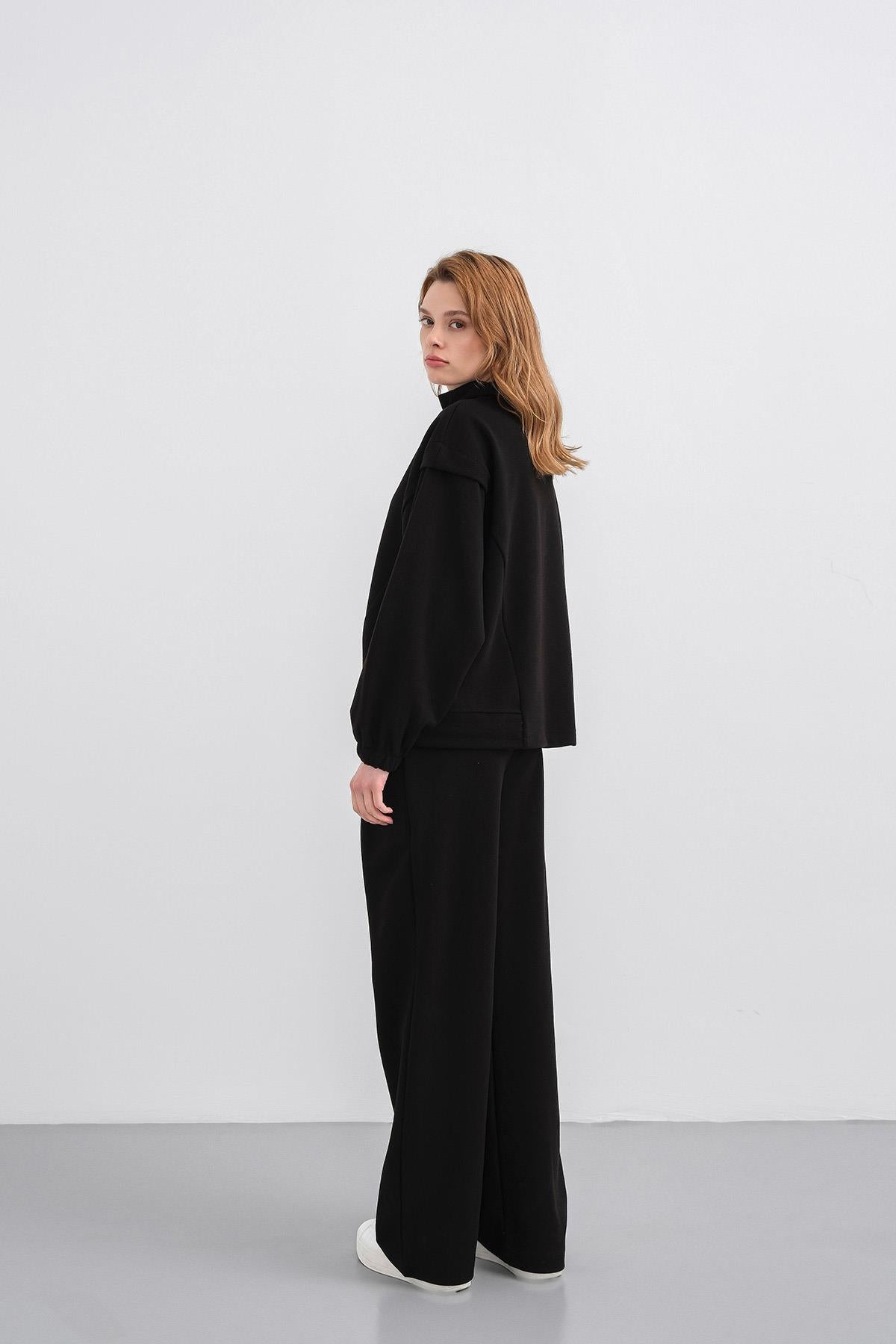 Siyah Kadın Pike Dokulu Bel Ayarlanabilir Fermuar Detaylı Bol Paça Alt-Üst Takım