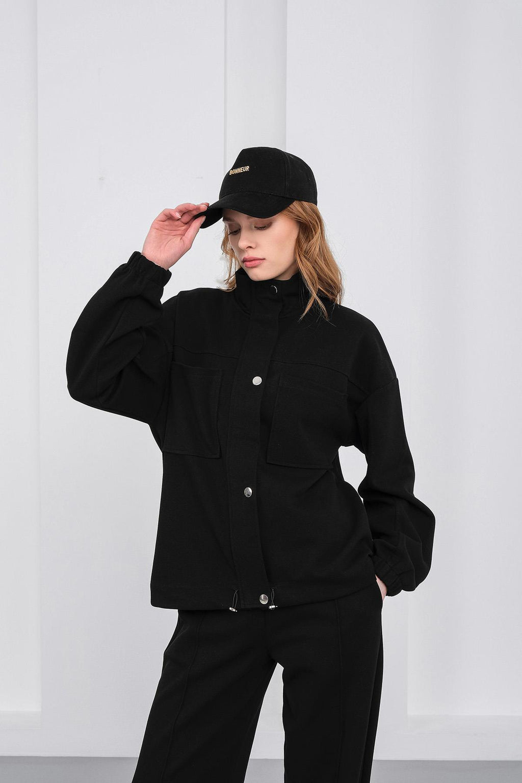 Siyah Kadın Pike Dokulu Bel Ayarlanabilir Oversize Ceket Pantolon Takım