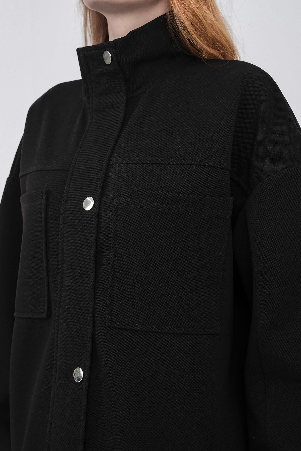 Siyah Kadın Pike Dokulu Bel Ayarlanabilir Oversize Ceket Pantolon Takım