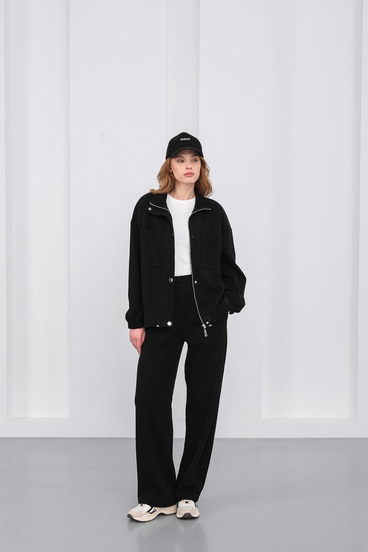 Siyah Kadın Pike Dokulu Bel Ayarlanabilir Oversize Ceket Pantolon Takım