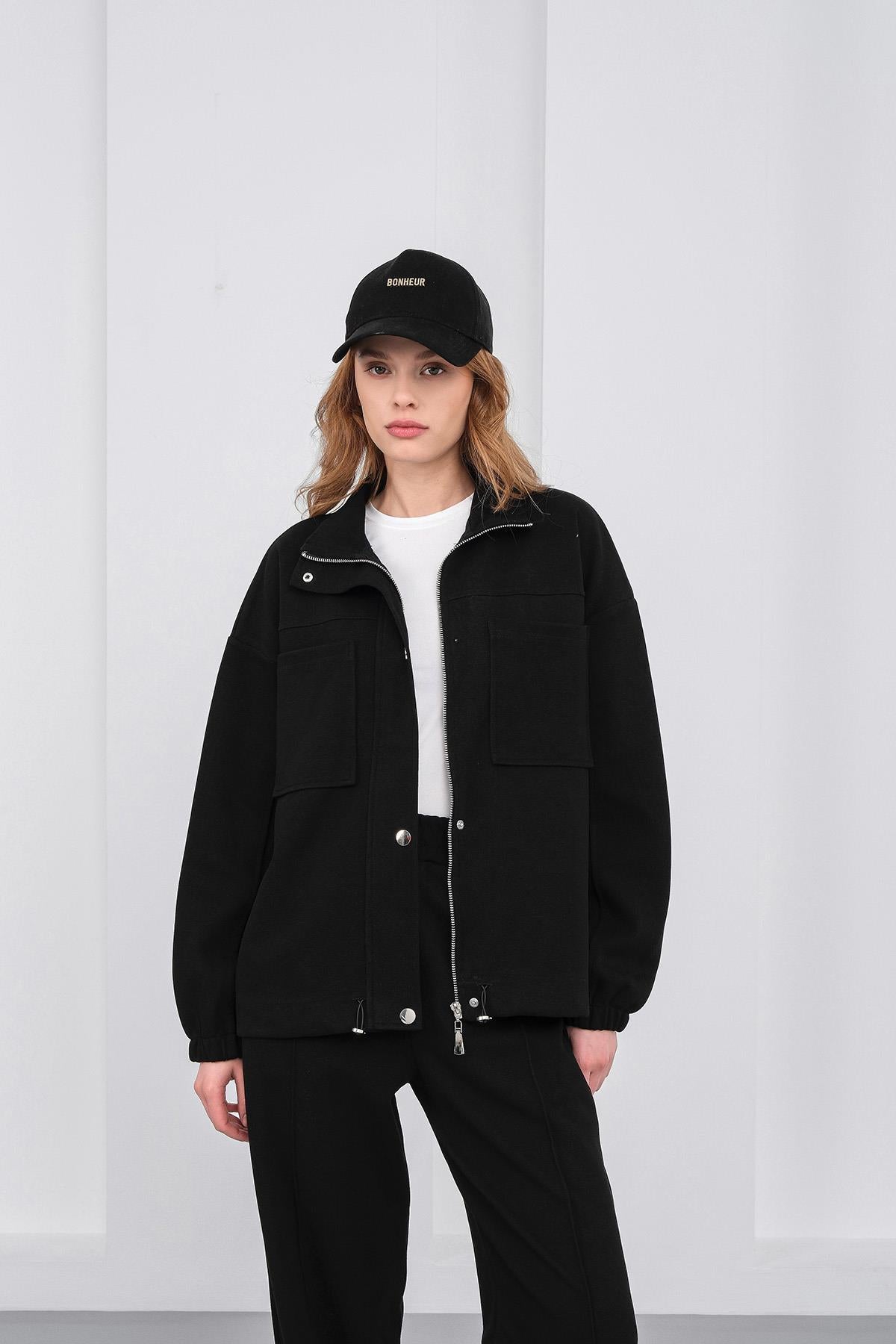 Siyah Kadın Pike Dokulu Bel Ayarlanabilir Oversize Ceket Pantolon Takım