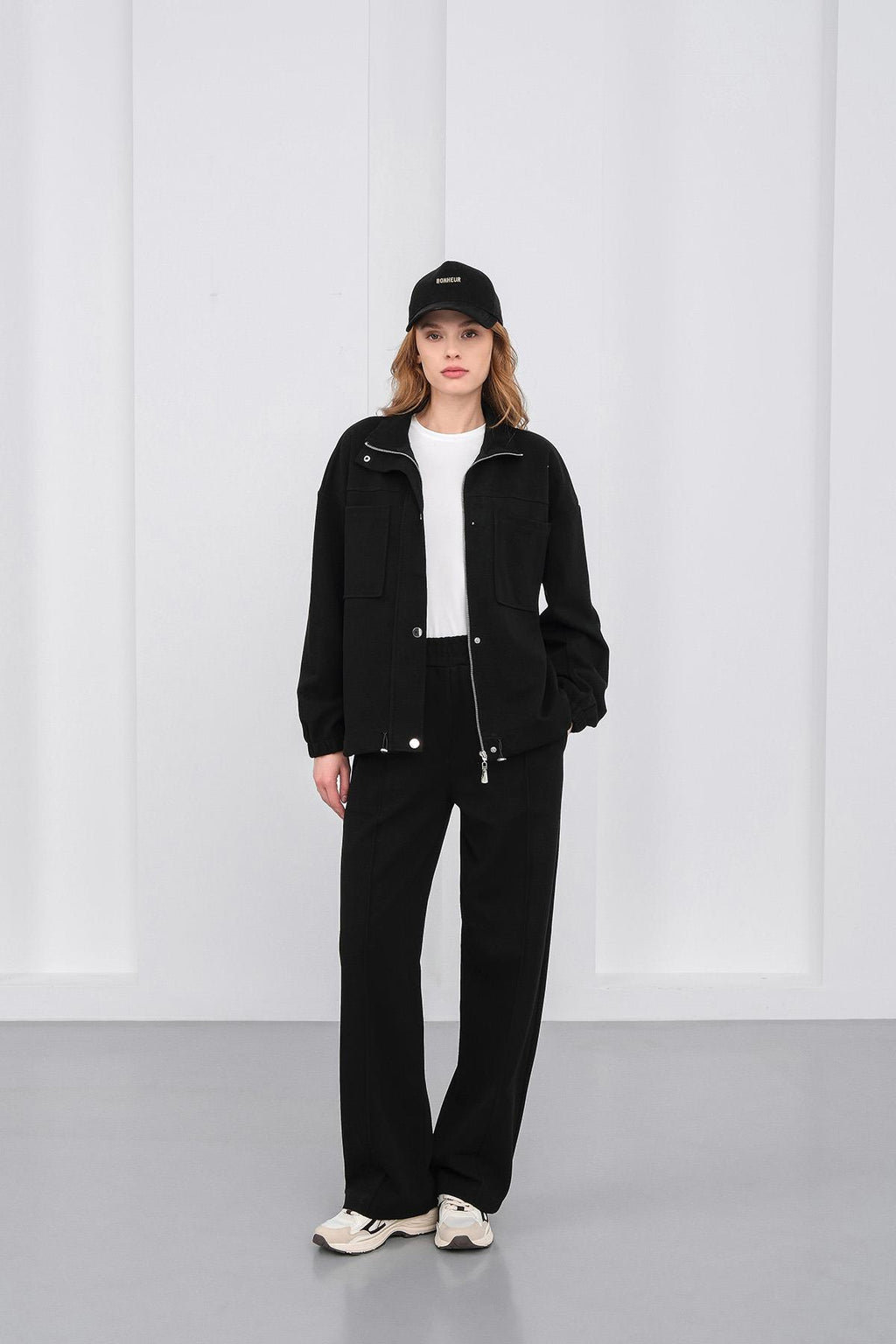 Siyah Kadın Pike Dokulu Bel Ayarlanabilir Oversize Ceket Pantolon Takım