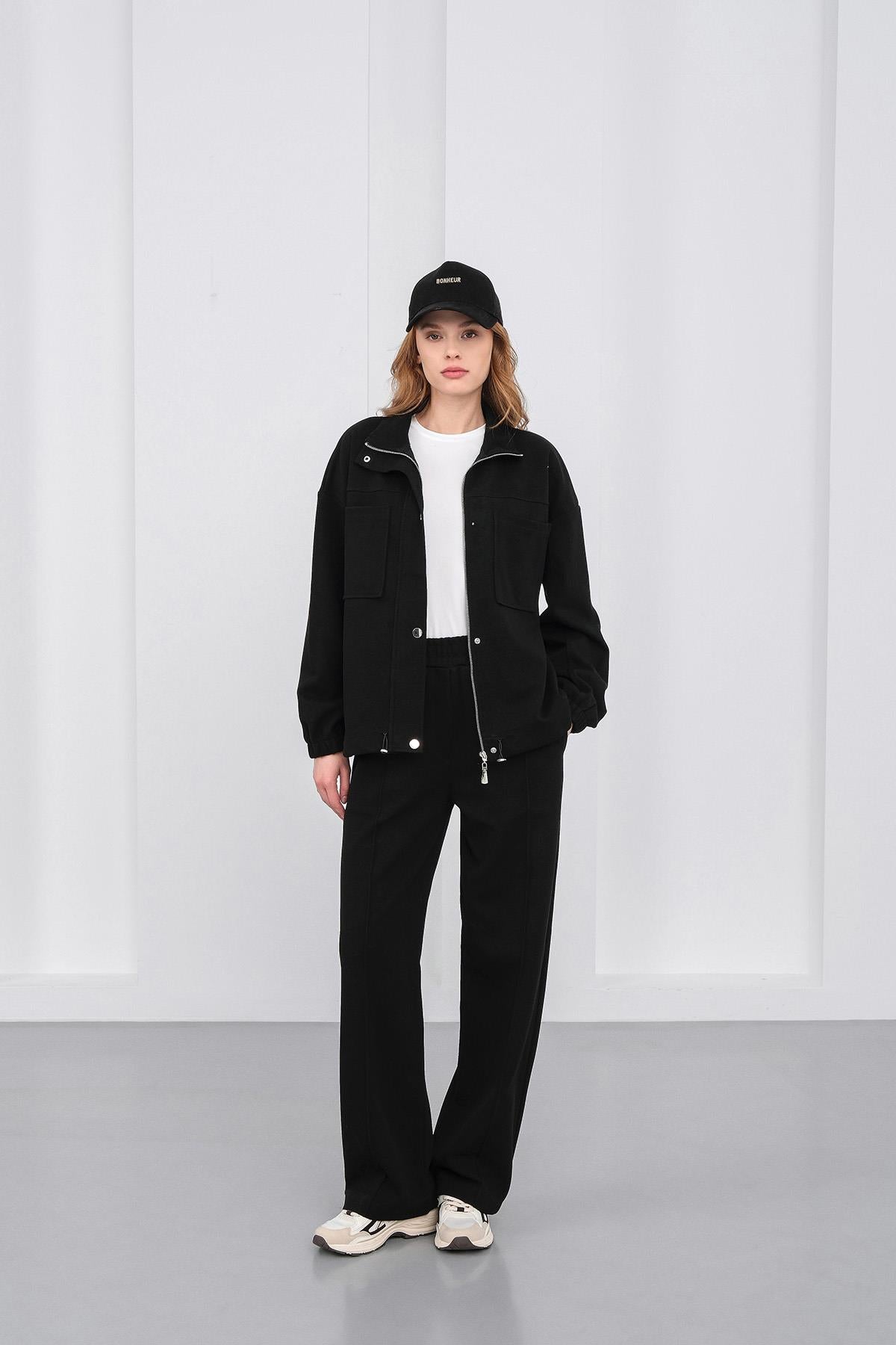 Siyah Kadın Pike Dokulu Bel Ayarlanabilir Oversize Ceket Pantolon Takım