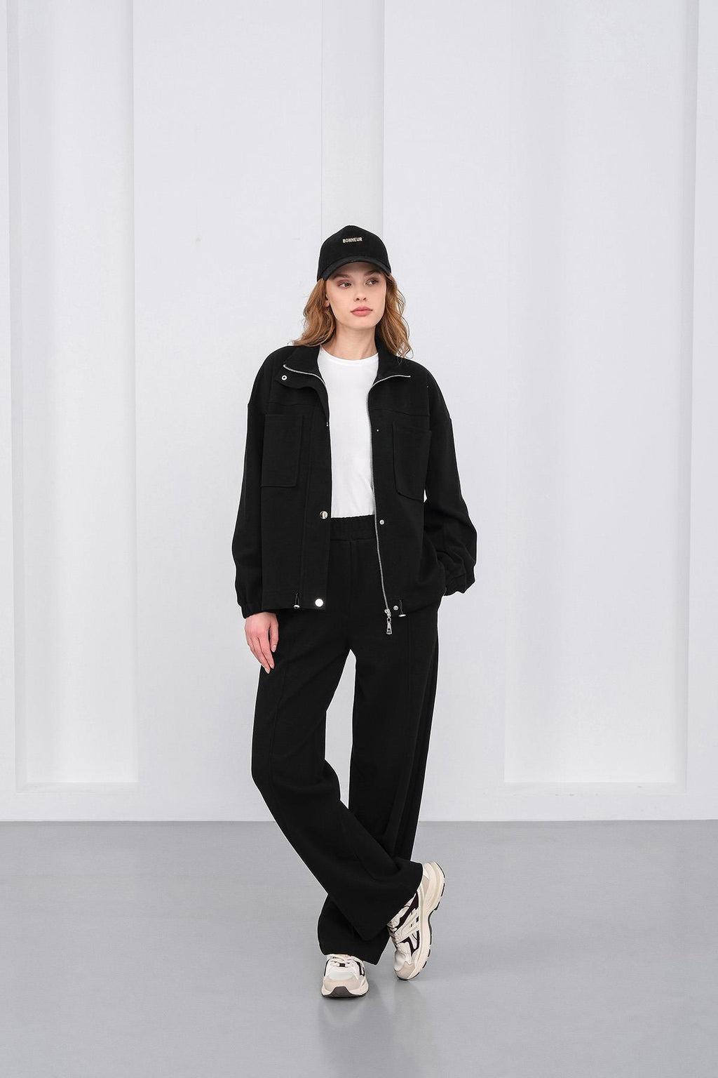 Siyah Kadın Pike Dokulu Bel Ayarlanabilir Oversize Ceket Pantolon Takım