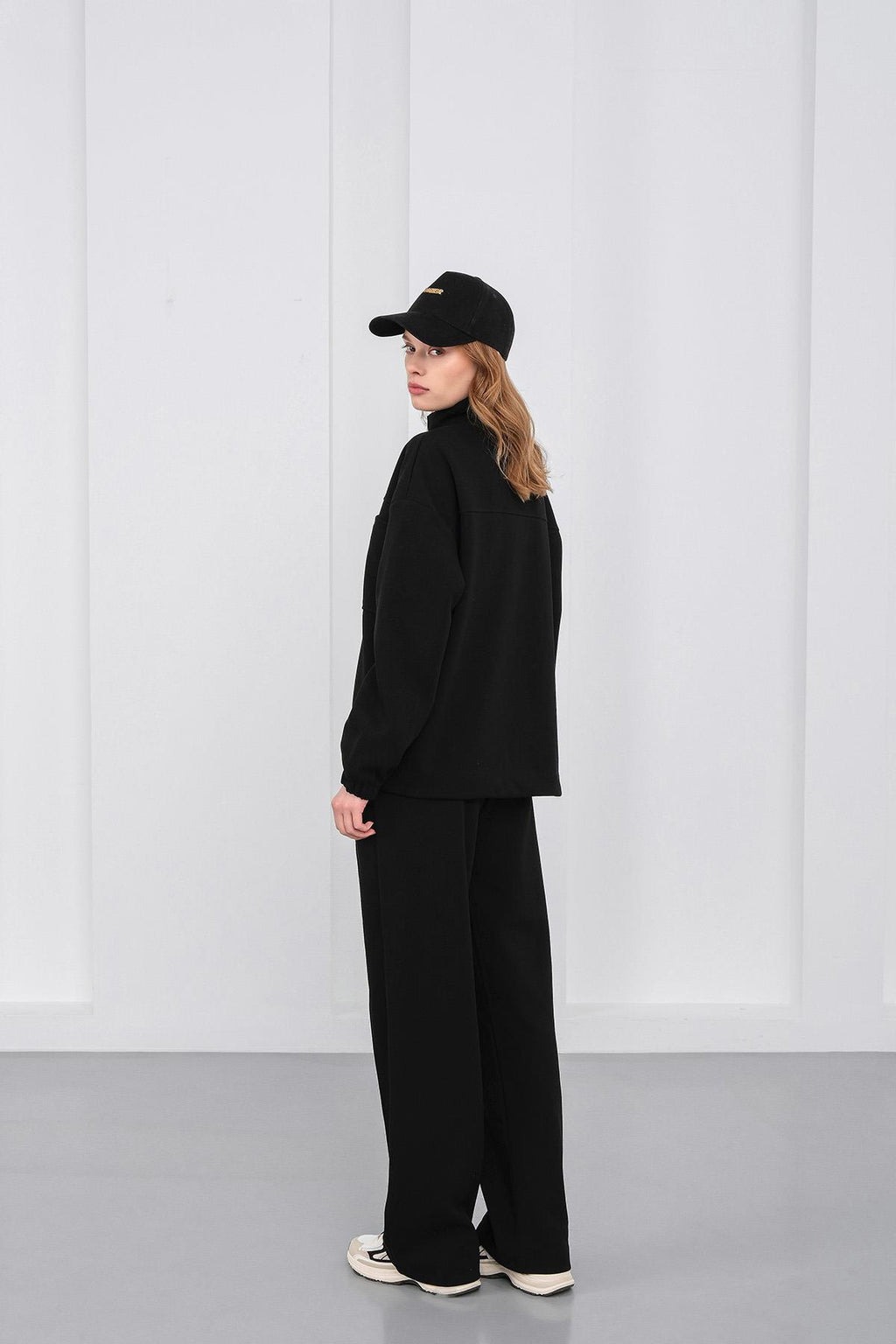 Siyah Kadın Pike Dokulu Bel Ayarlanabilir Oversize Ceket Pantolon Takım