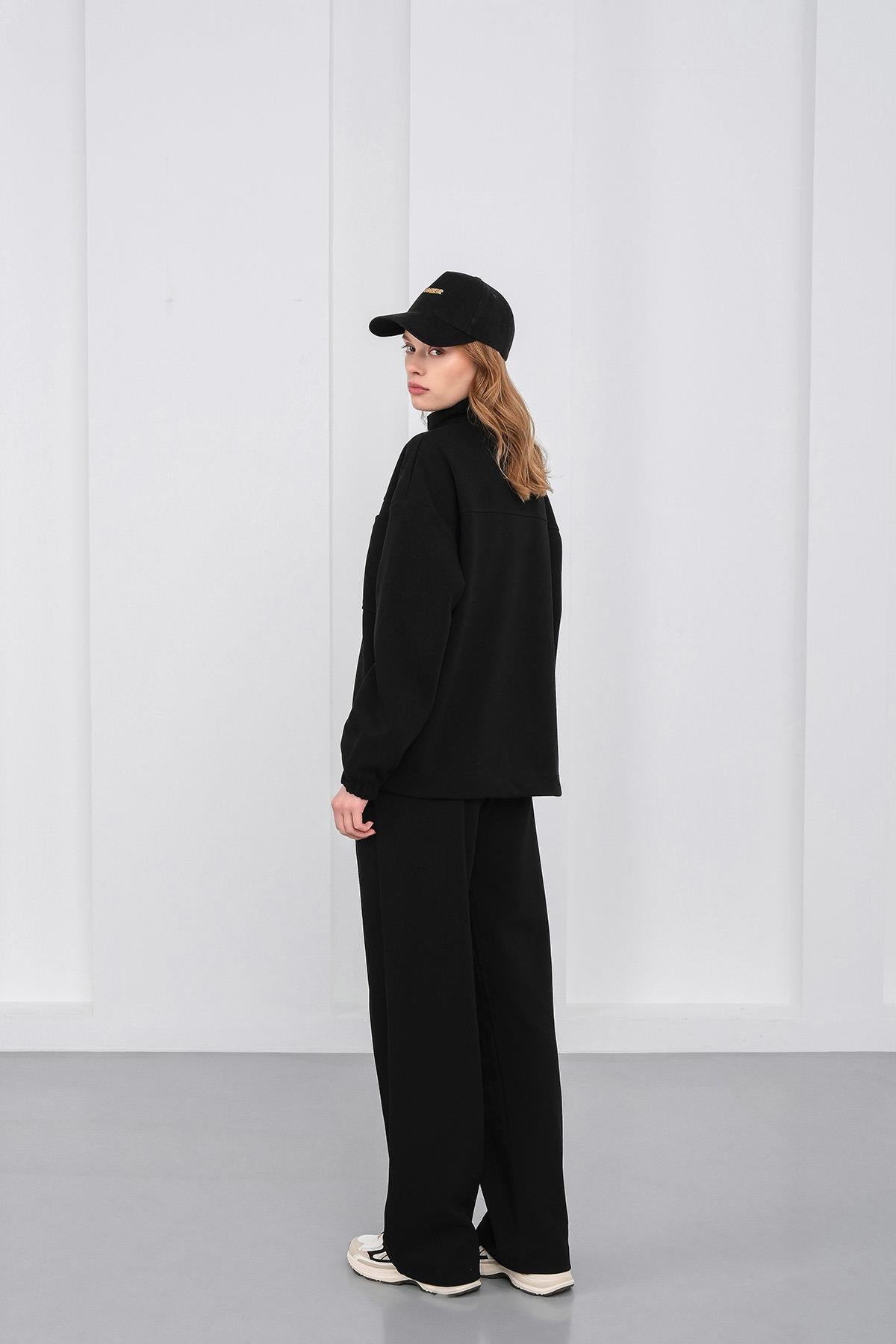 Siyah Kadın Pike Dokulu Bel Ayarlanabilir Oversize Ceket Pantolon Takım