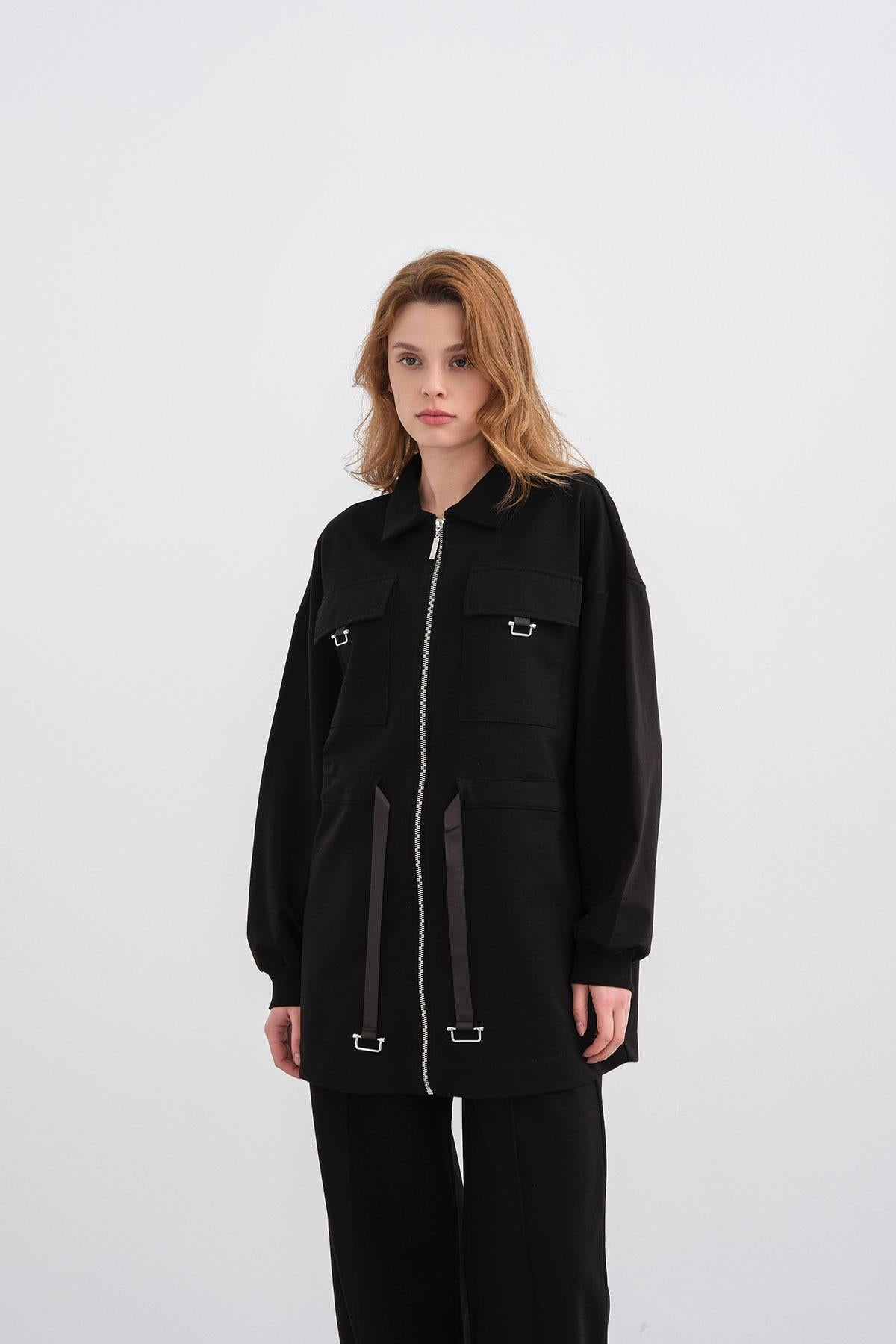 Siyah Kadın Polo Yaka Cep Detaylı Fermuarlı Bol Paça Nervürlü Örme Alt-Üst Takım