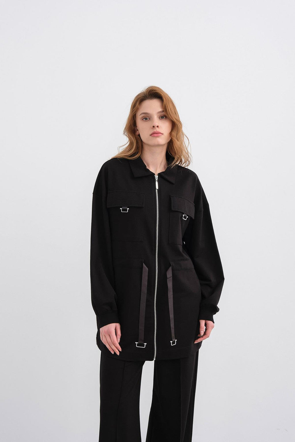 Siyah Kadın Polo Yaka Cep Detaylı Fermuarlı Bol Paça Nervürlü Örme Alt-Üst Takım