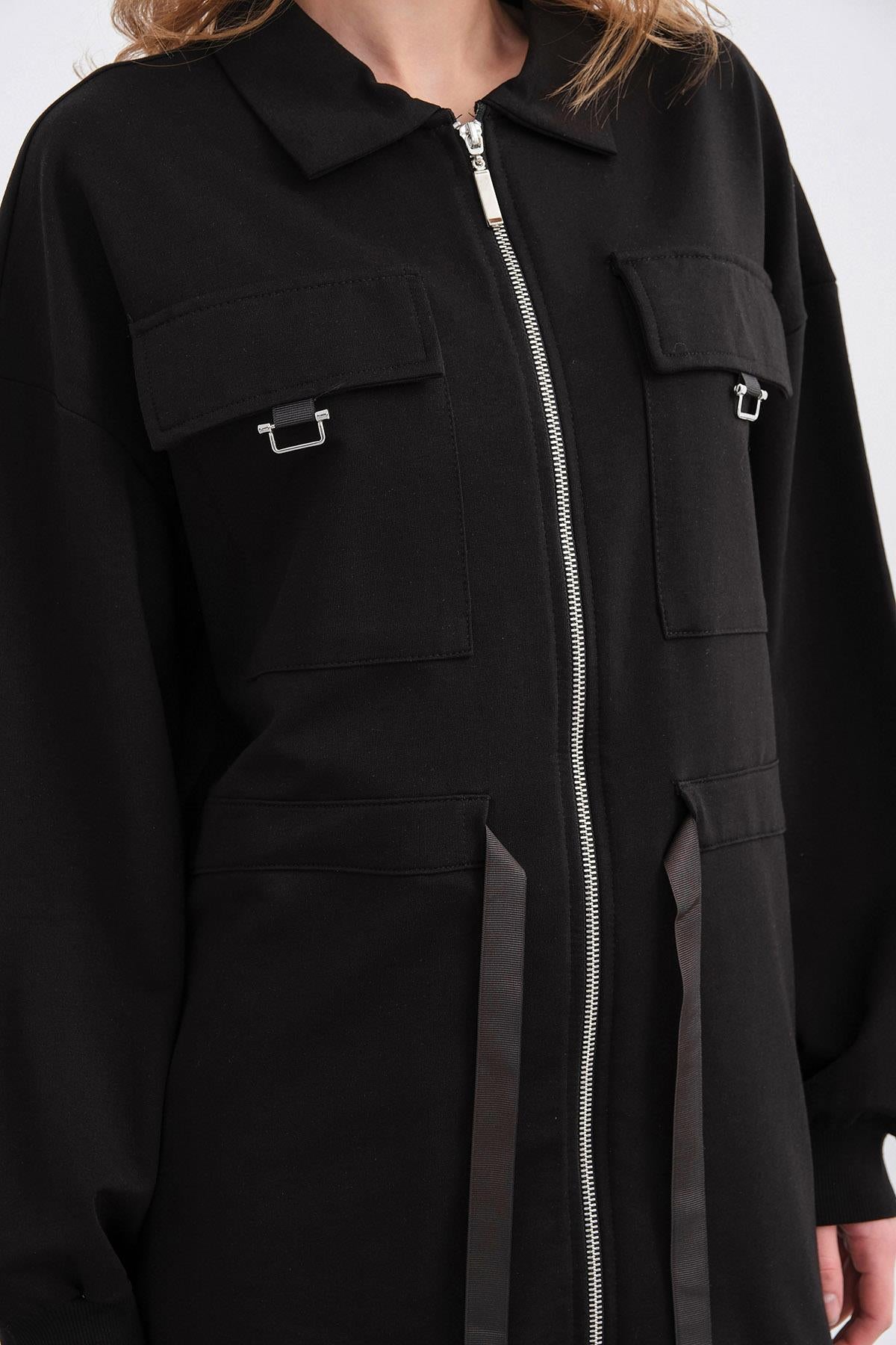 Siyah Kadın Polo Yaka Cep Detaylı Fermuarlı Bol Paça Nervürlü Örme Alt-Üst Takım