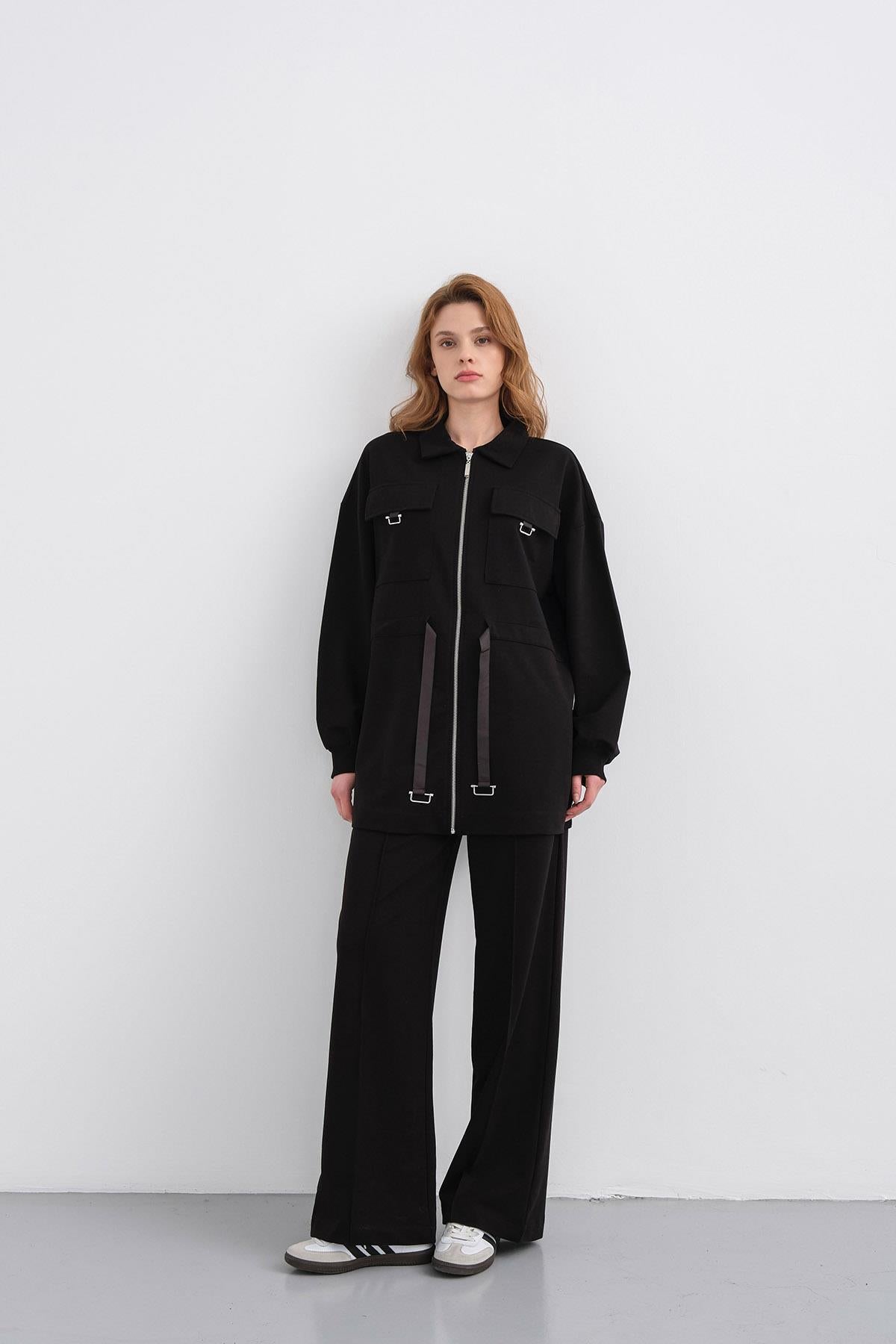 Siyah Kadın Polo Yaka Cep Detaylı Fermuarlı Bol Paça Nervürlü Örme Alt-Üst Takım