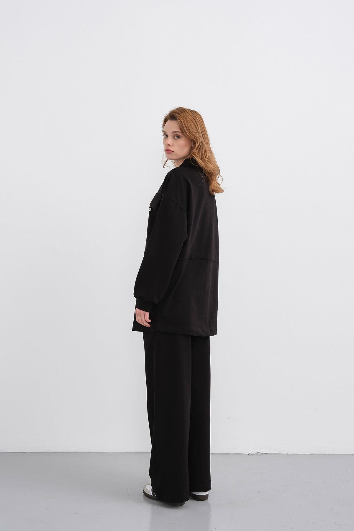 Siyah Kadın Polo Yaka Cep Detaylı Fermuarlı Bol Paça Nervürlü Örme Alt-Üst Takım