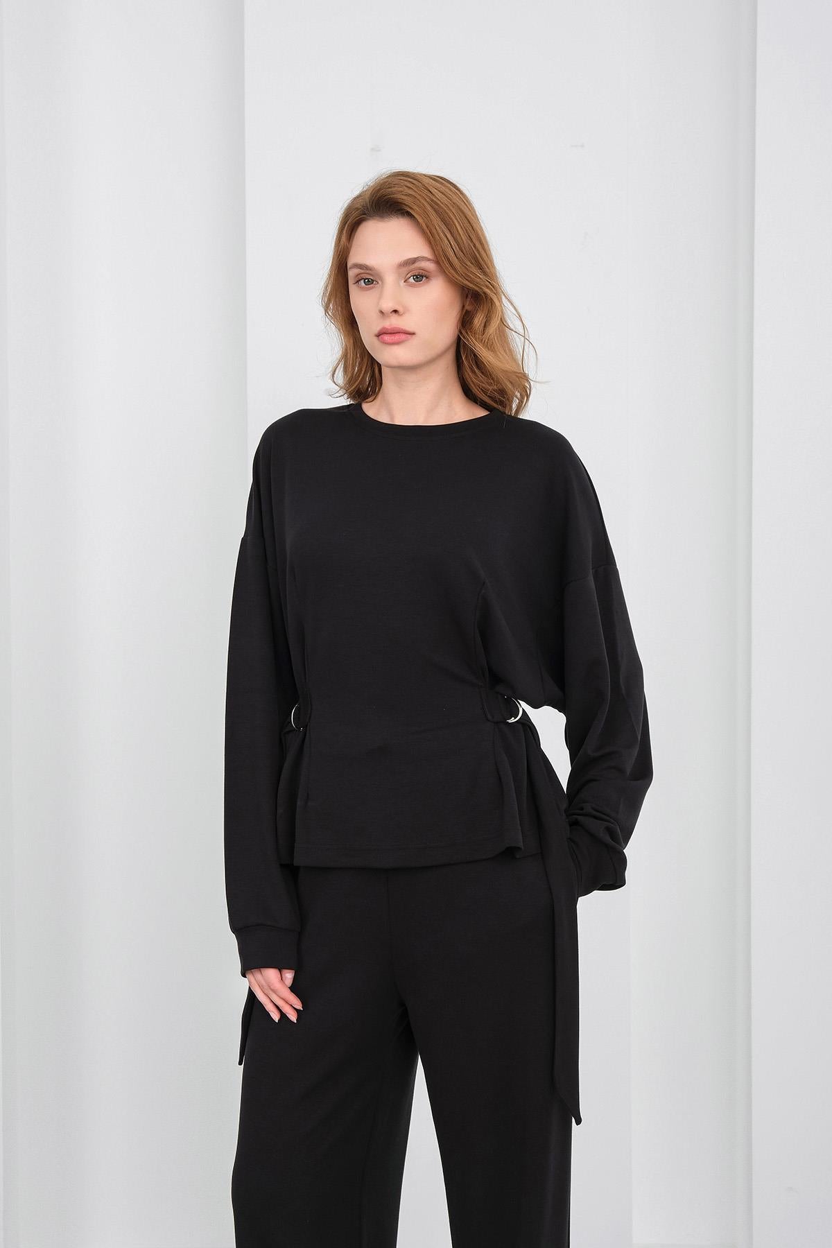 Siyah Kadın Premium Modal D Toka Süs Kemerli Alt-Üst Takım