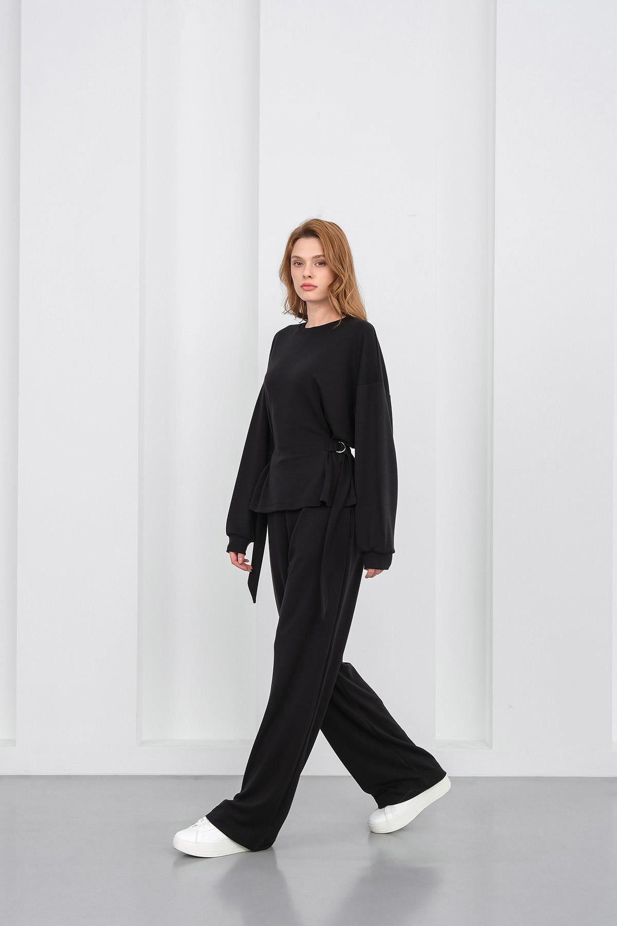 Siyah Kadın Premium Modal D Toka Süs Kemerli Alt-Üst Takım