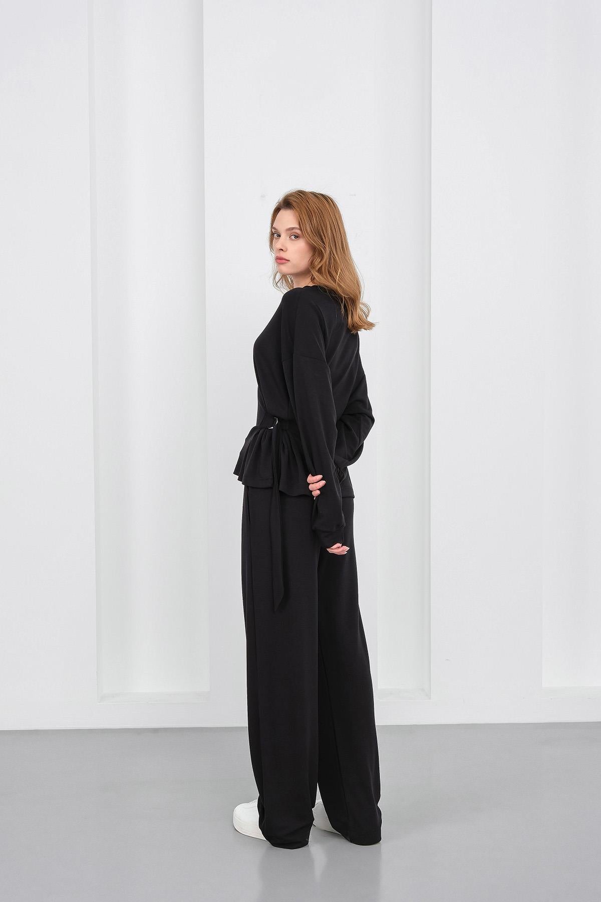 Siyah Kadın Premium Modal D Toka Süs Kemerli Alt-Üst Takım