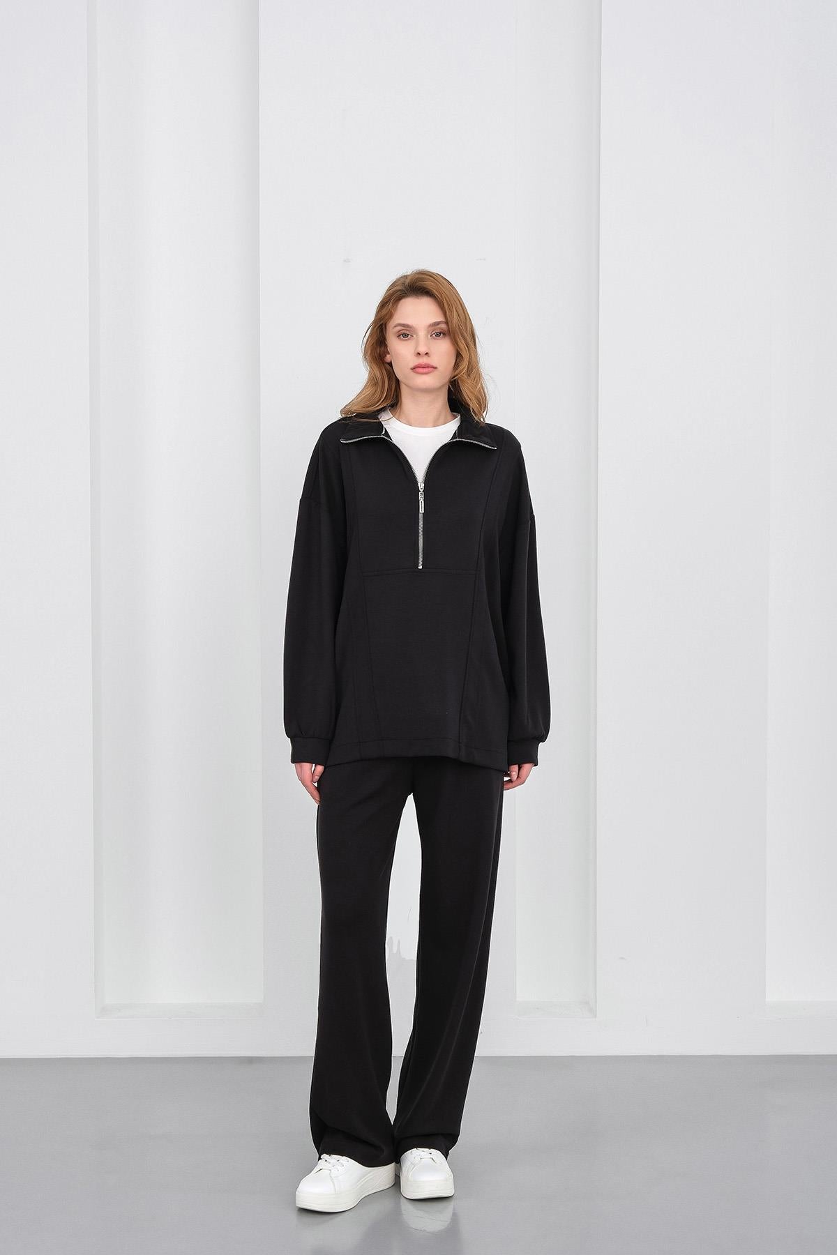 Siyah Kadın Premium Modal Kumaş Yarım Fermuarlı Oversize Alt-Üst Takım