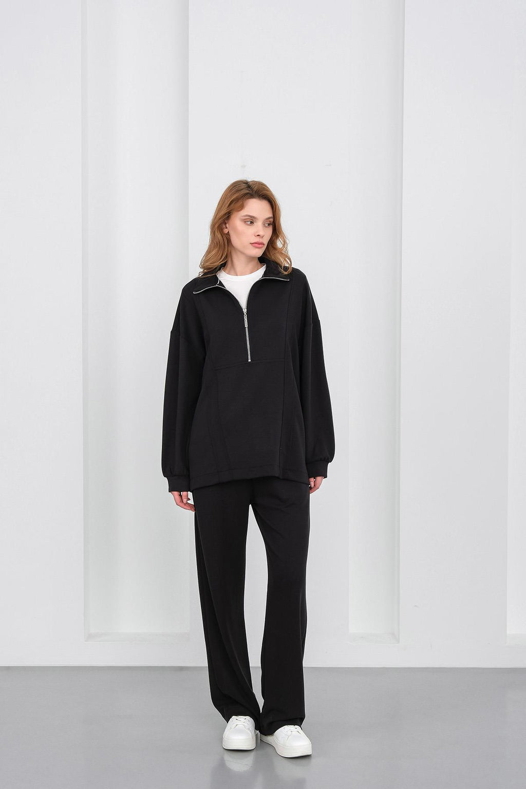 Siyah Kadın Premium Modal Kumaş Yarım Fermuarlı Oversize Alt-Üst Takım