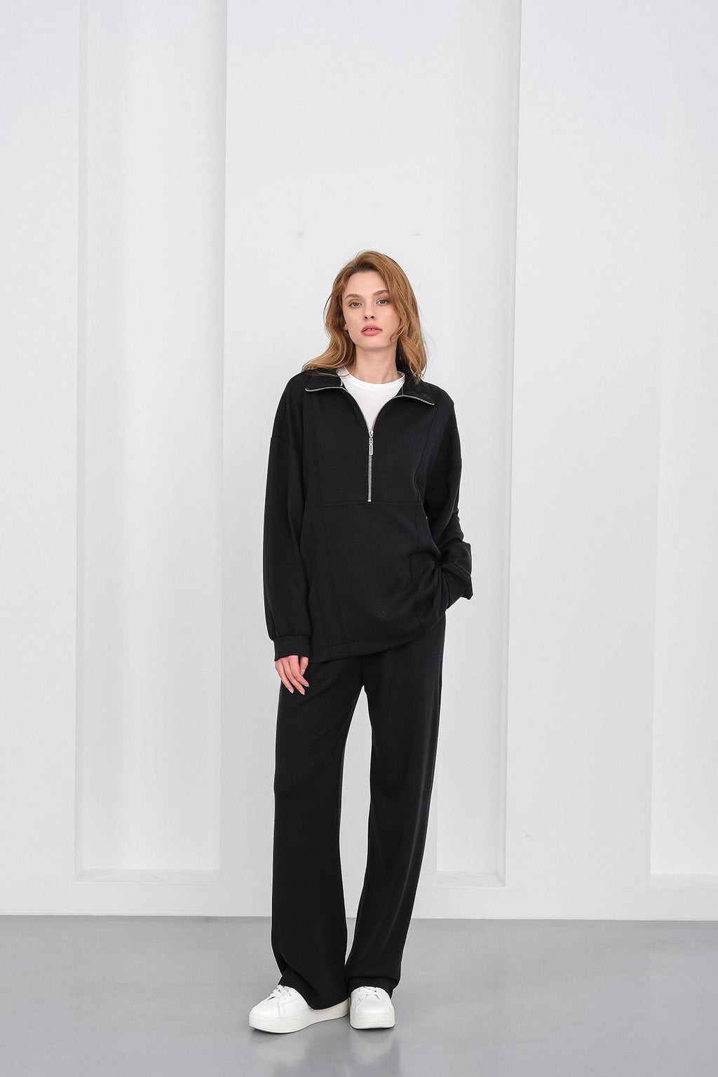 Siyah Kadın Premium Modal Kumaş Yarım Fermuarlı Oversize Alt-Üst Takım