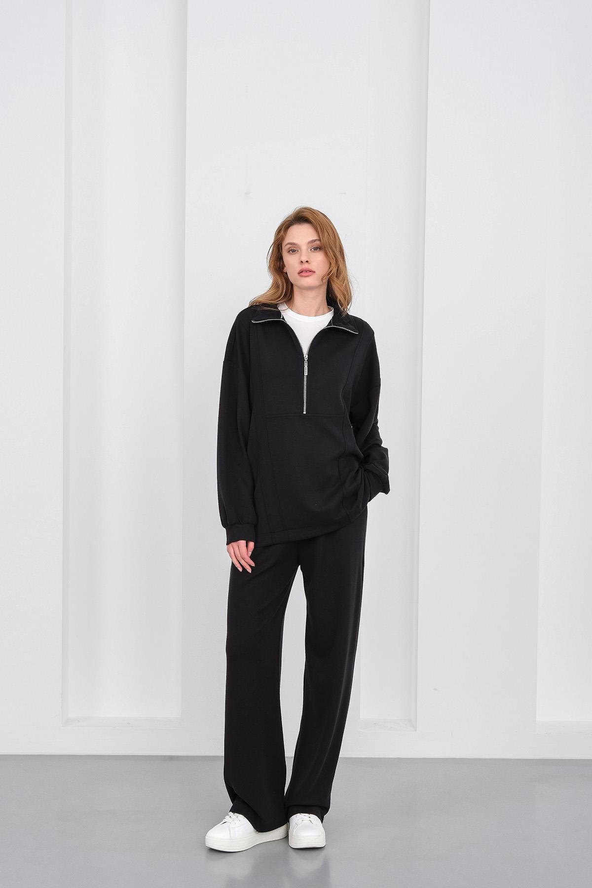 Siyah Kadın Premium Modal Kumaş Yarım Fermuarlı Oversize Alt-Üst Takım