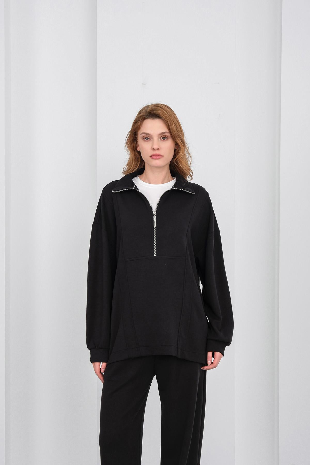 Siyah Kadın Premium Modal Kumaş Yarım Fermuarlı Oversize Alt-Üst Takım