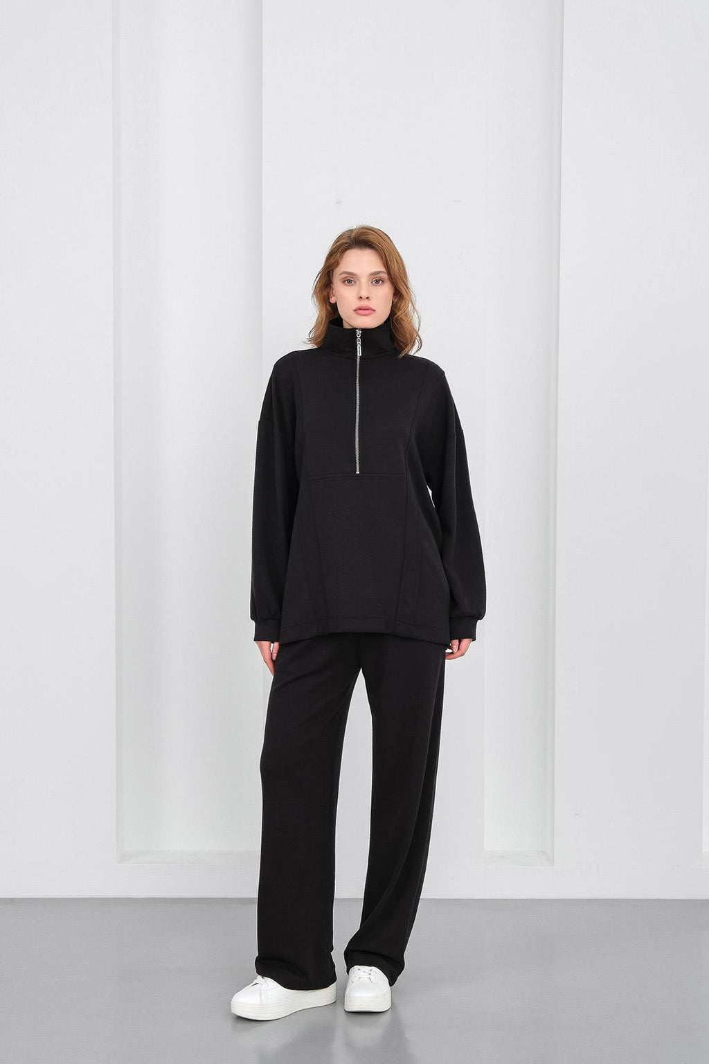 Siyah Kadın Premium Modal Kumaş Yarım Fermuarlı Oversize Alt-Üst Takım