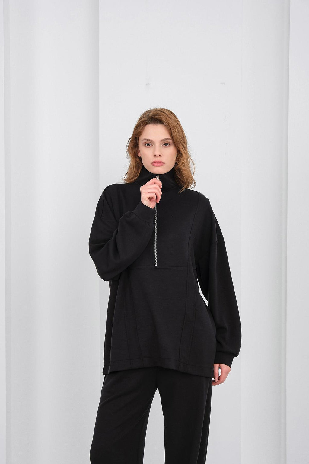 Siyah Kadın Premium Modal Kumaş Yarım Fermuarlı Oversize Alt-Üst Takım