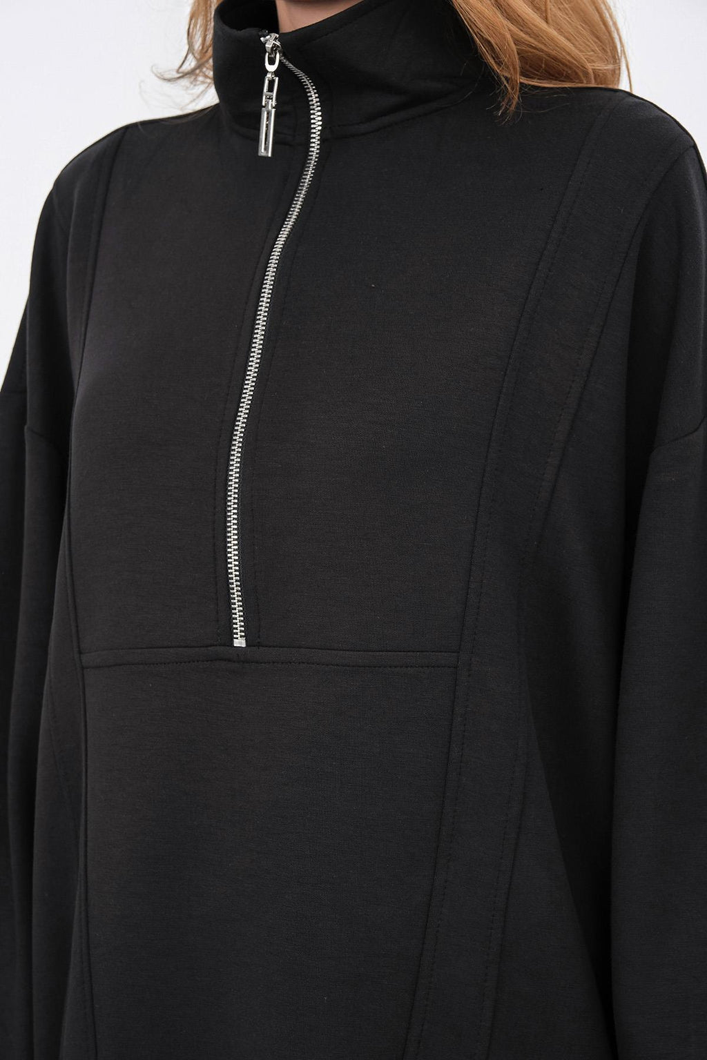 Siyah Kadın Premium Modal Kumaş Yarım Fermuarlı Oversize Alt-Üst Takım