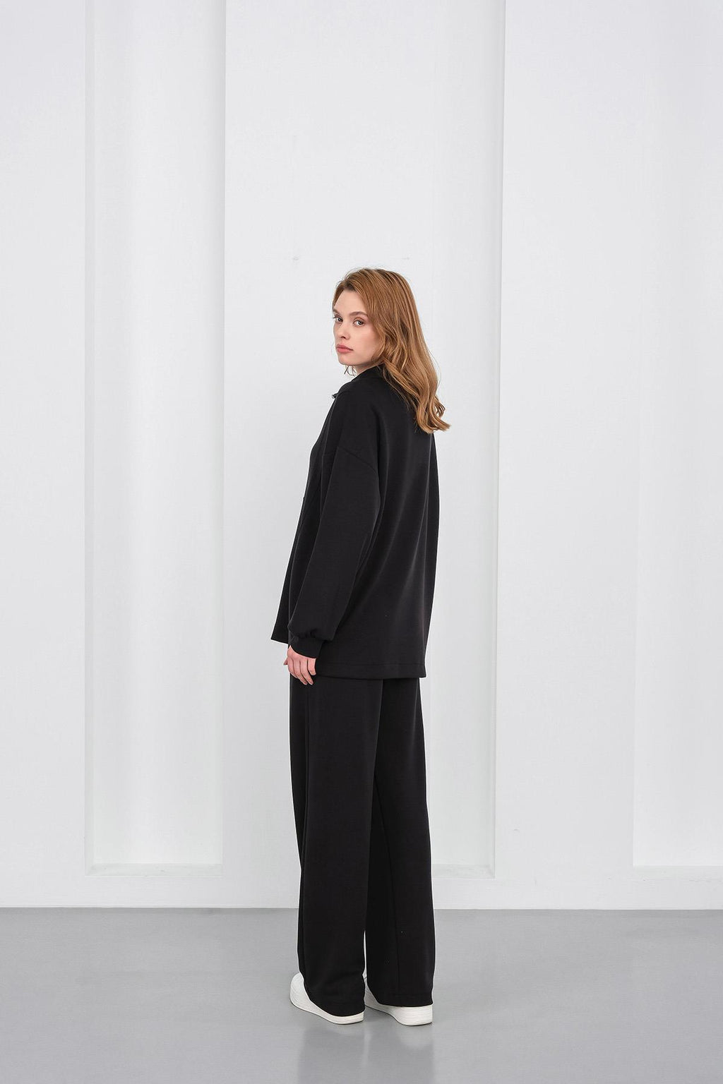 Siyah Kadın Premium Modal Kumaş Yarım Fermuarlı Oversize Alt-Üst Takım