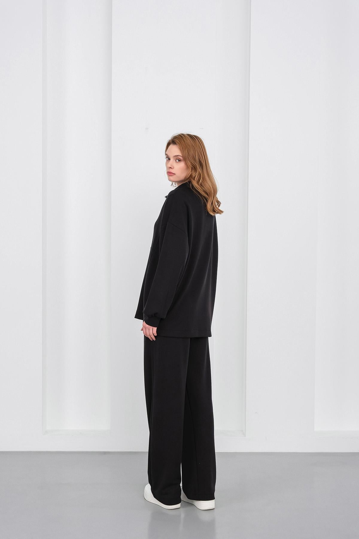 Siyah Kadın Premium Modal Kumaş Yarım Fermuarlı Oversize Alt-Üst Takım
