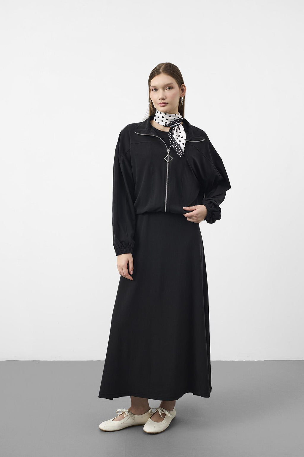 Siyah Kadın Premium Tencel Doku Sweat Üstlü Midi Elbise Takım