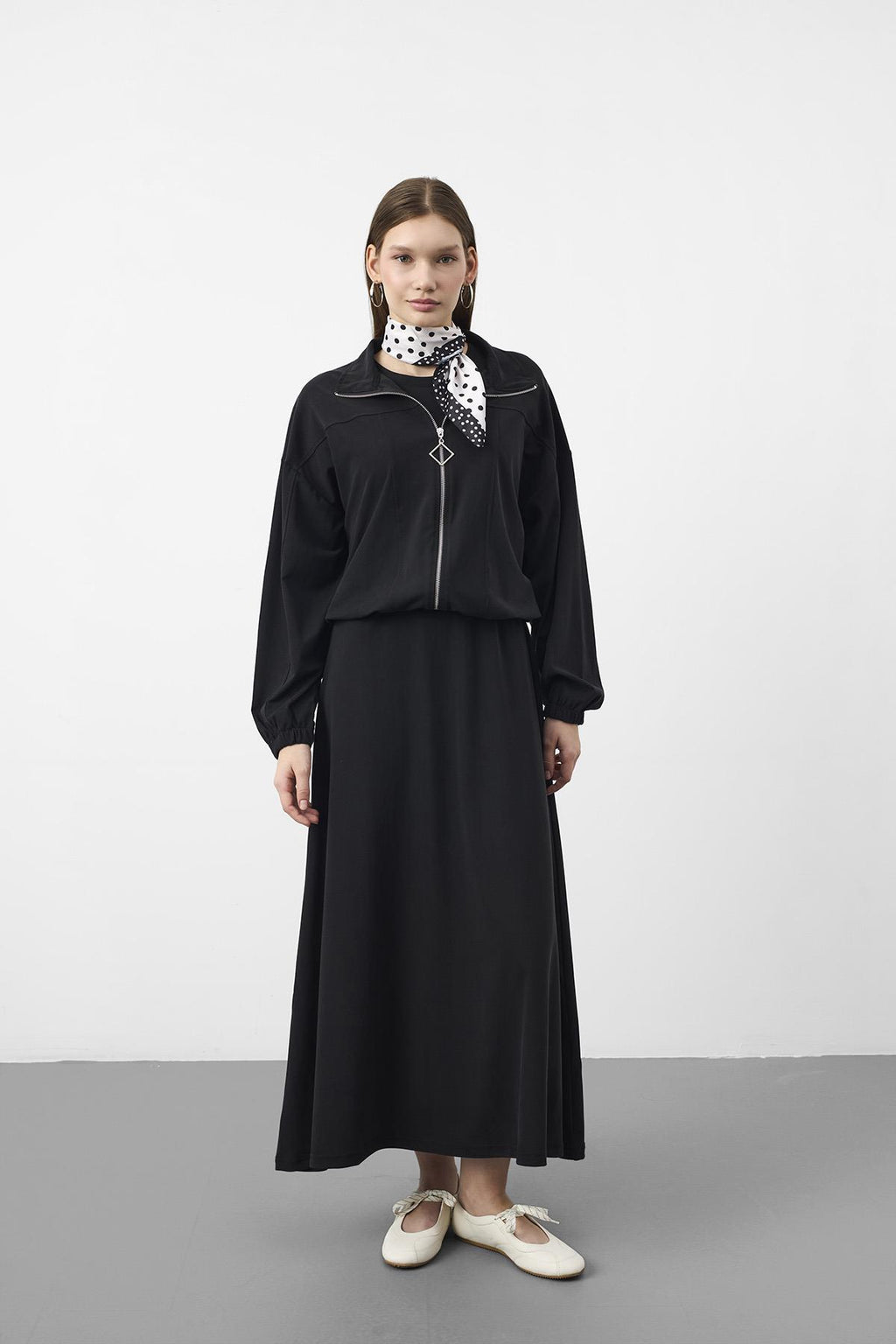 Siyah Kadın Premium Tencel Doku Sweat Üstlü Midi Elbise Takım