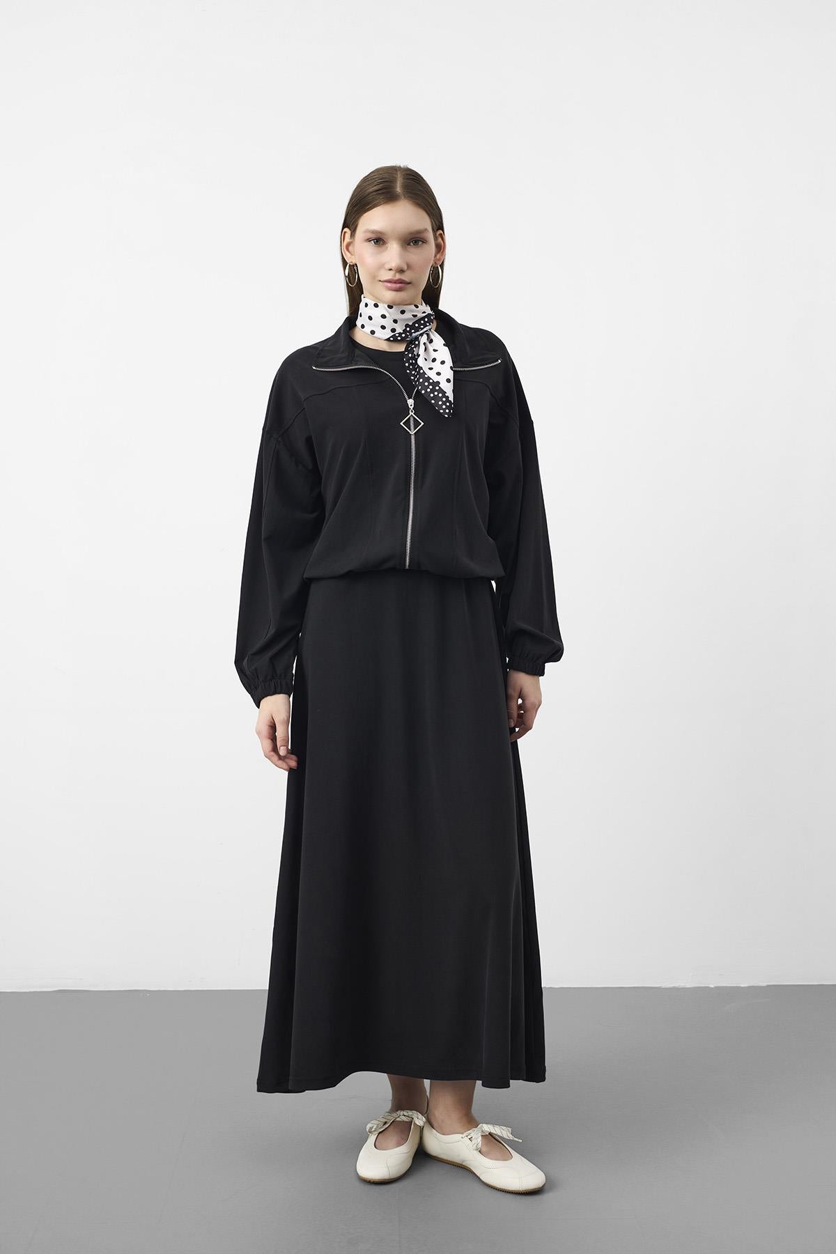 Siyah Kadın Premium Tencel Doku Sweat Üstlü Midi Elbise Takım