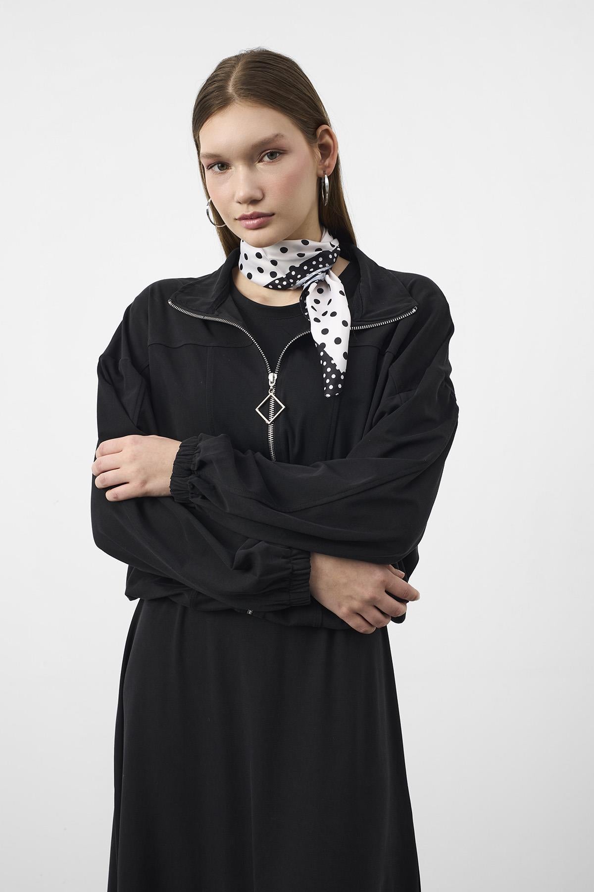 Siyah Kadın Premium Tencel Doku Sweat Üstlü Midi Elbise Takım