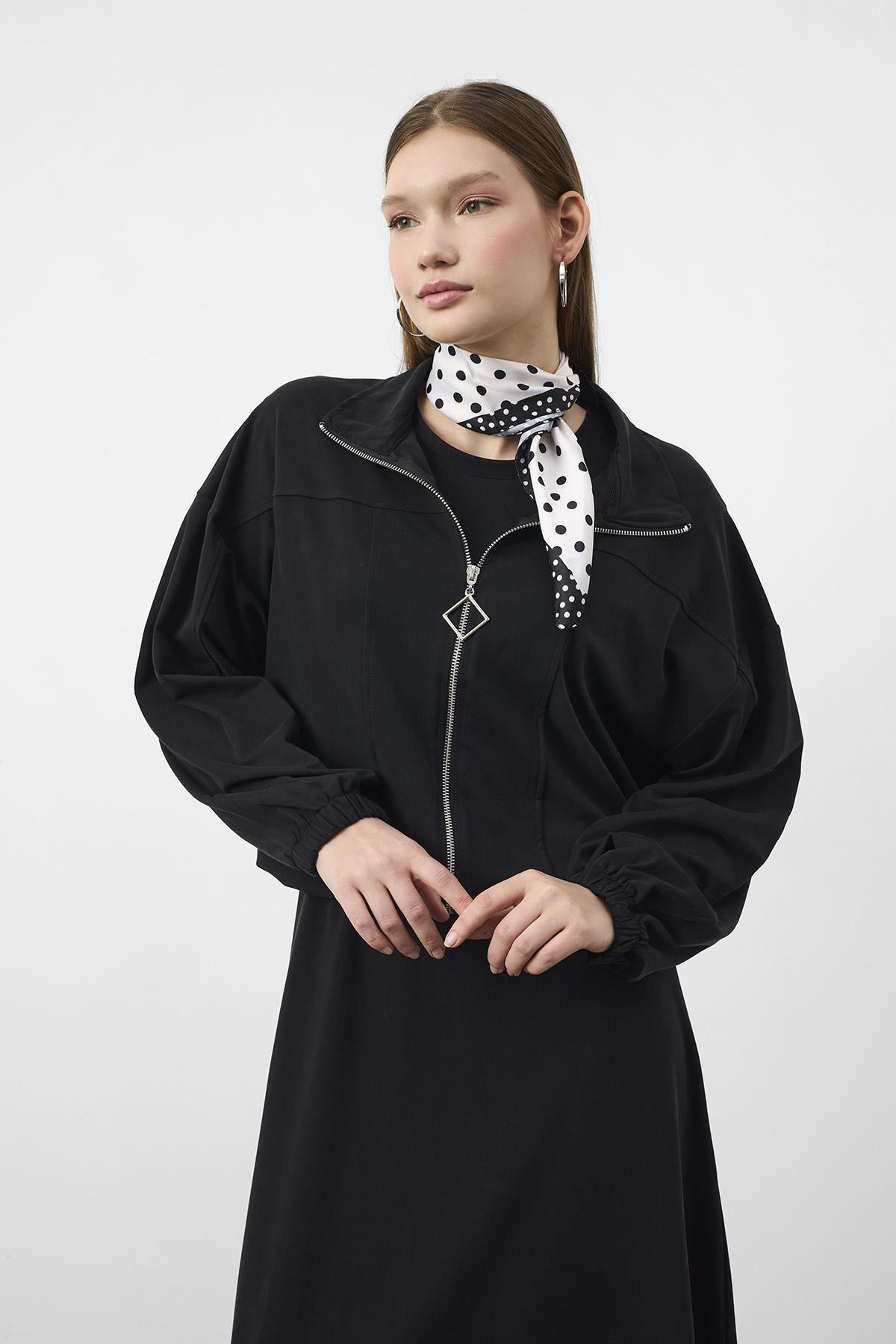 Siyah Kadın Premium Tencel Doku Sweat Üstlü Midi Elbise Takım