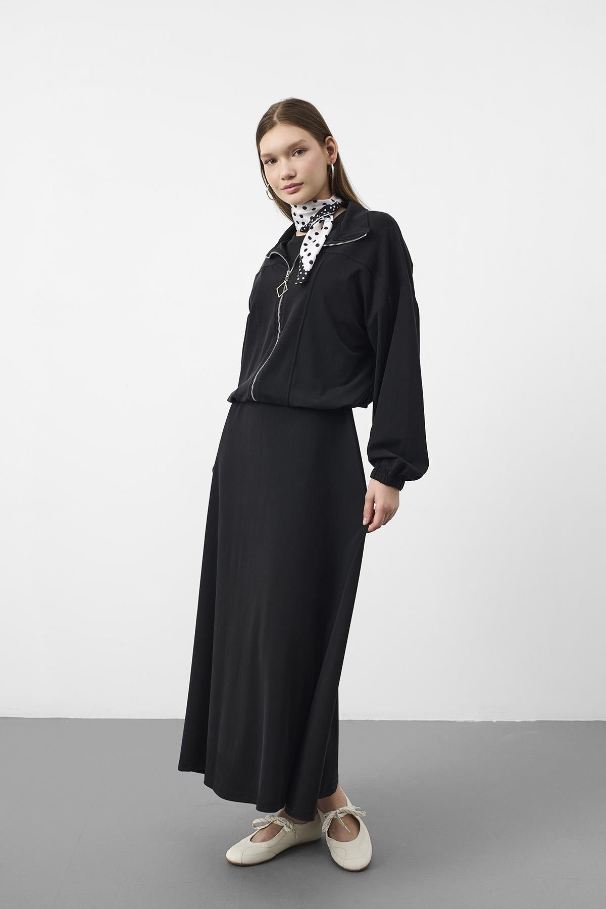 Siyah Kadın Premium Tencel Doku Sweat Üstlü Midi Elbise Takım