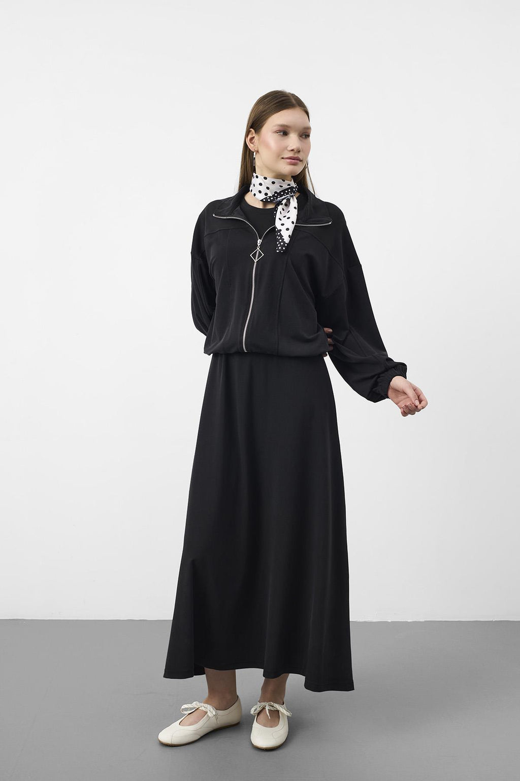 Siyah Kadın Premium Tencel Doku Sweat Üstlü Midi Elbise Takım