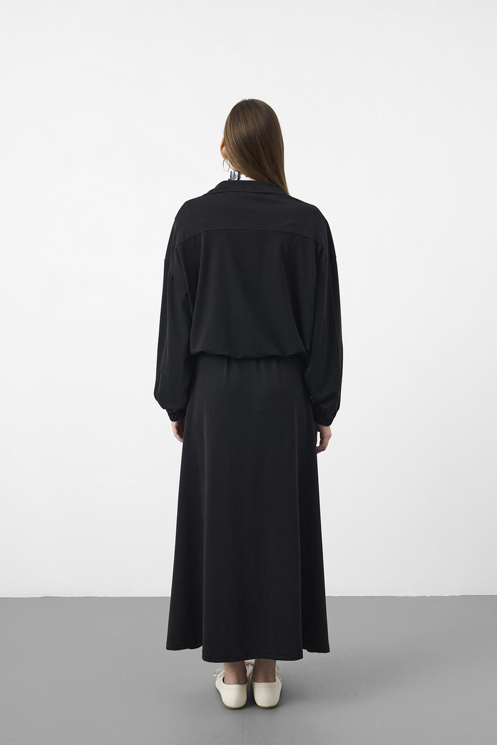 Siyah Kadın Premium Tencel Doku Sweat Üstlü Midi Elbise Takım