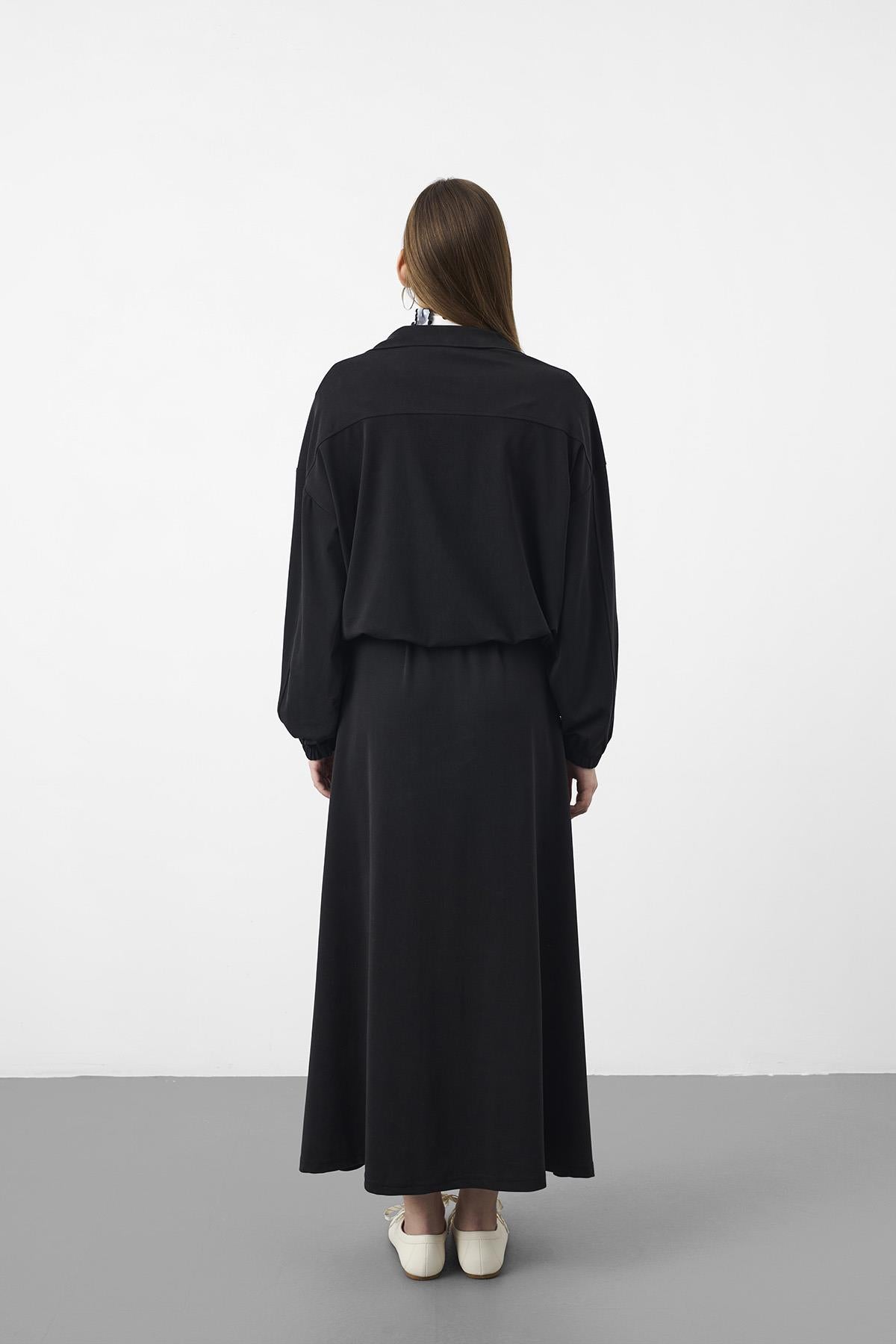 Siyah Kadın Premium Tencel Doku Sweat Üstlü Midi Elbise Takım