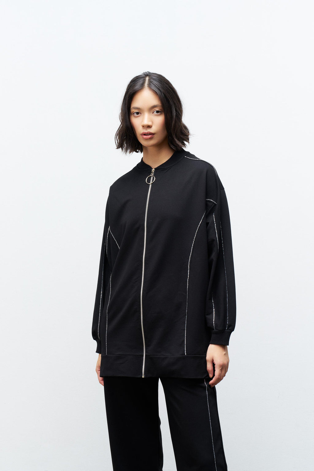 Siyah Kadın Taş Detaylı Fermuarlı Pamuklu Örme Alt Üst Takım