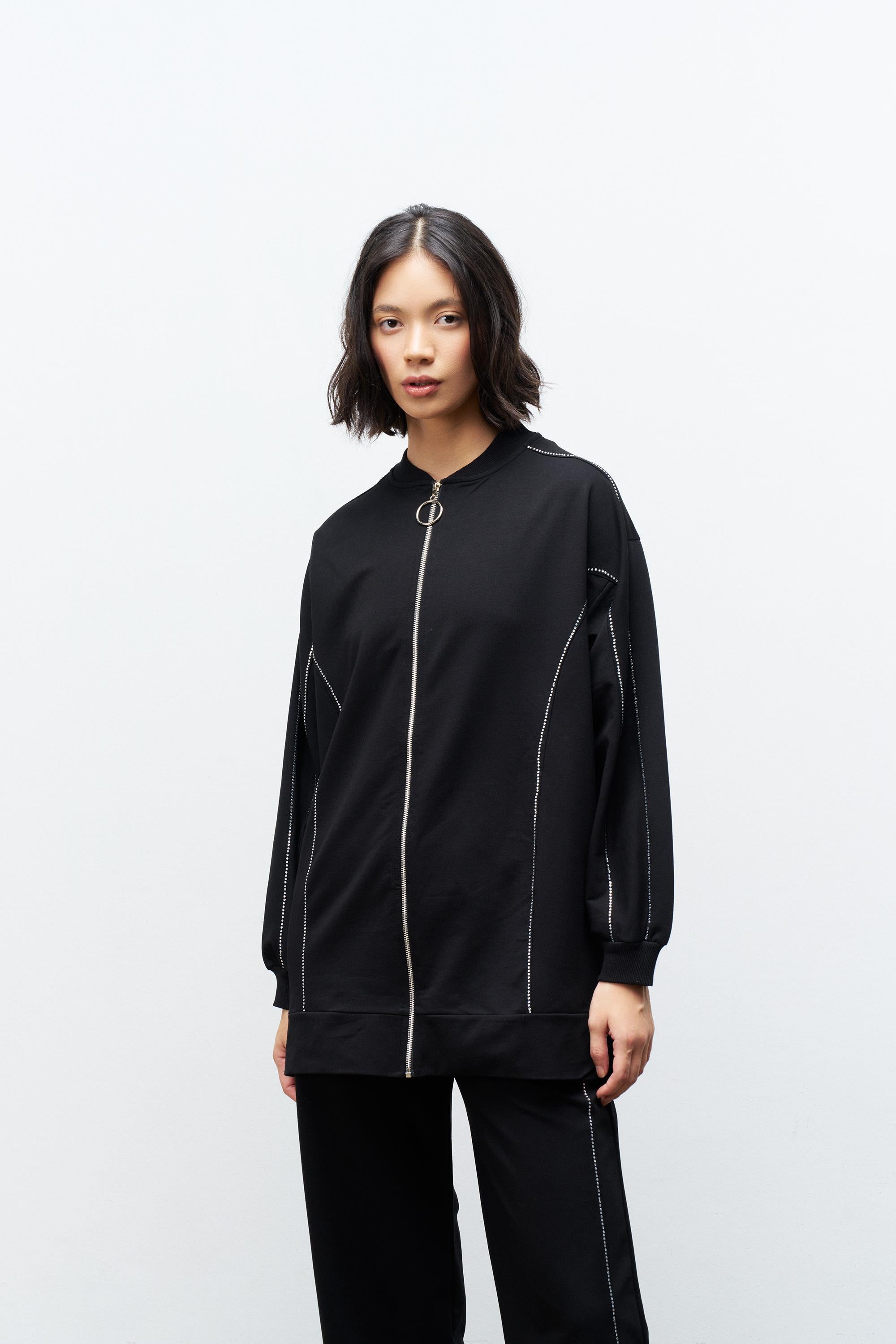 Siyah Kadın Taş Detaylı Fermuarlı Pamuklu Örme Alt Üst Takım