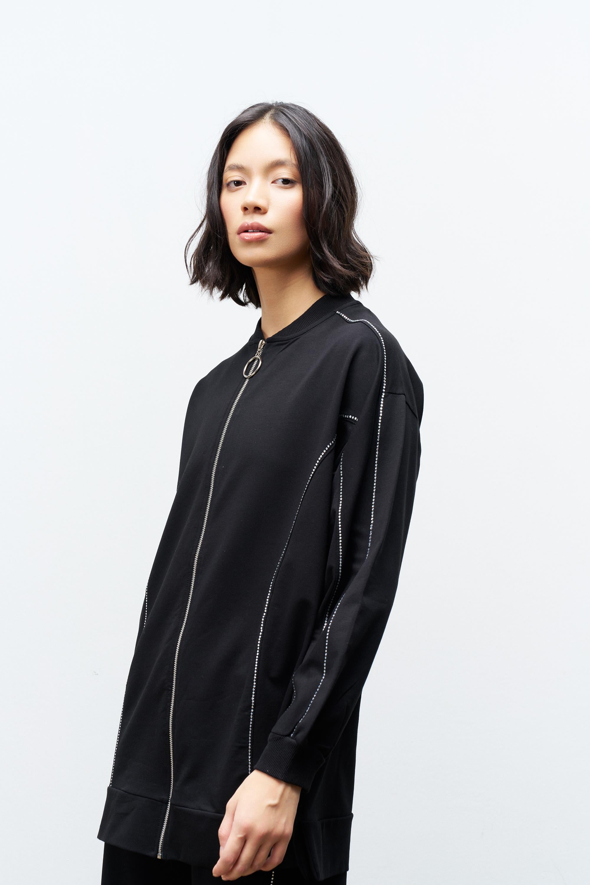 Siyah Kadın Taş Detaylı Fermuarlı Pamuklu Örme Alt Üst Takım