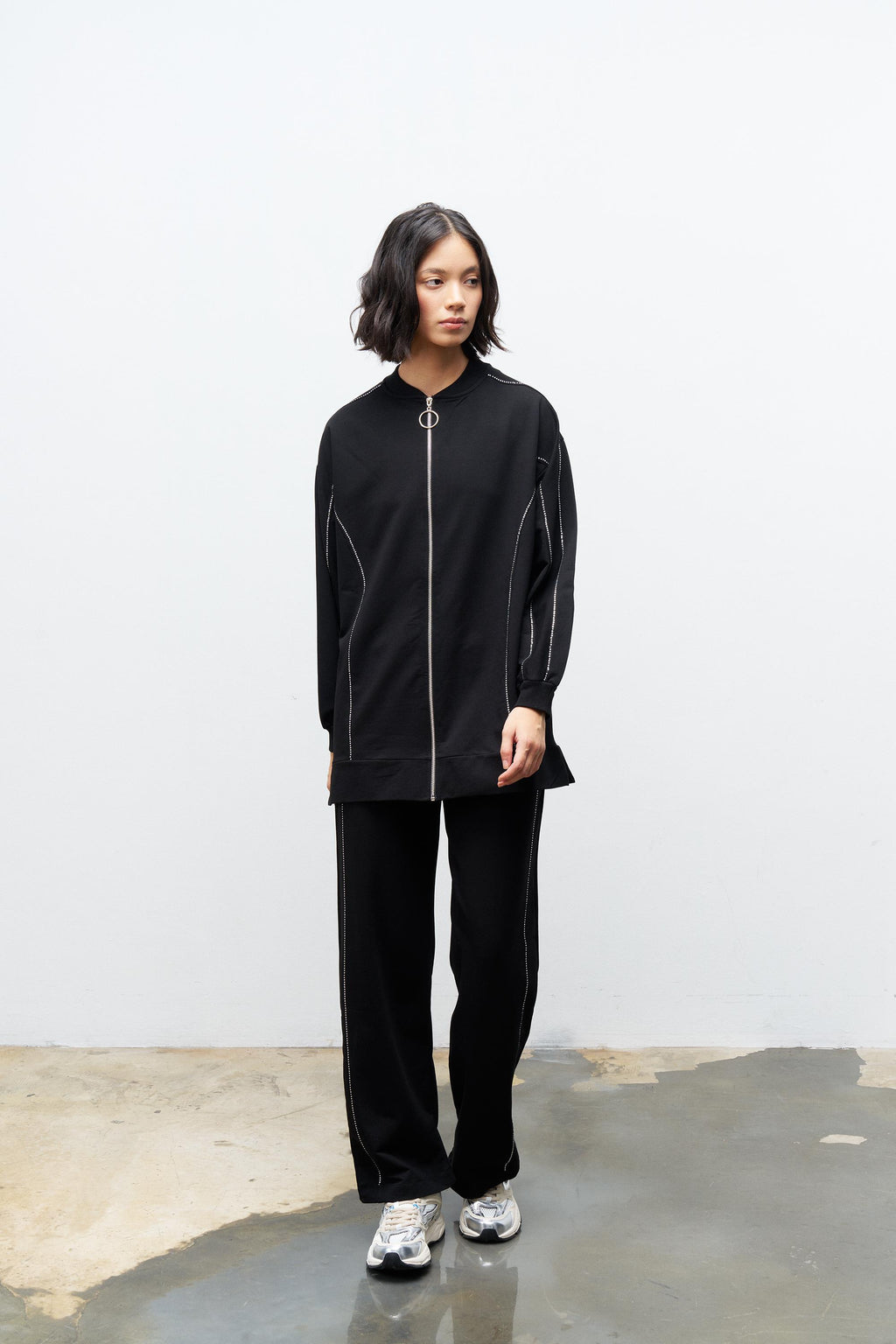 Siyah Kadın Taş Detaylı Fermuarlı Pamuklu Örme Alt Üst Takım