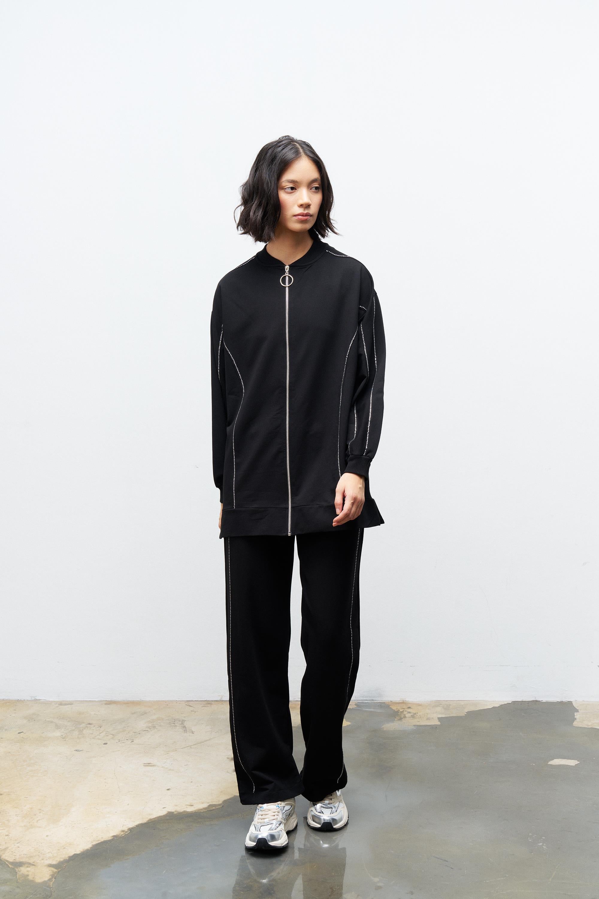 Siyah Kadın Taş Detaylı Fermuarlı Pamuklu Örme Alt Üst Takım