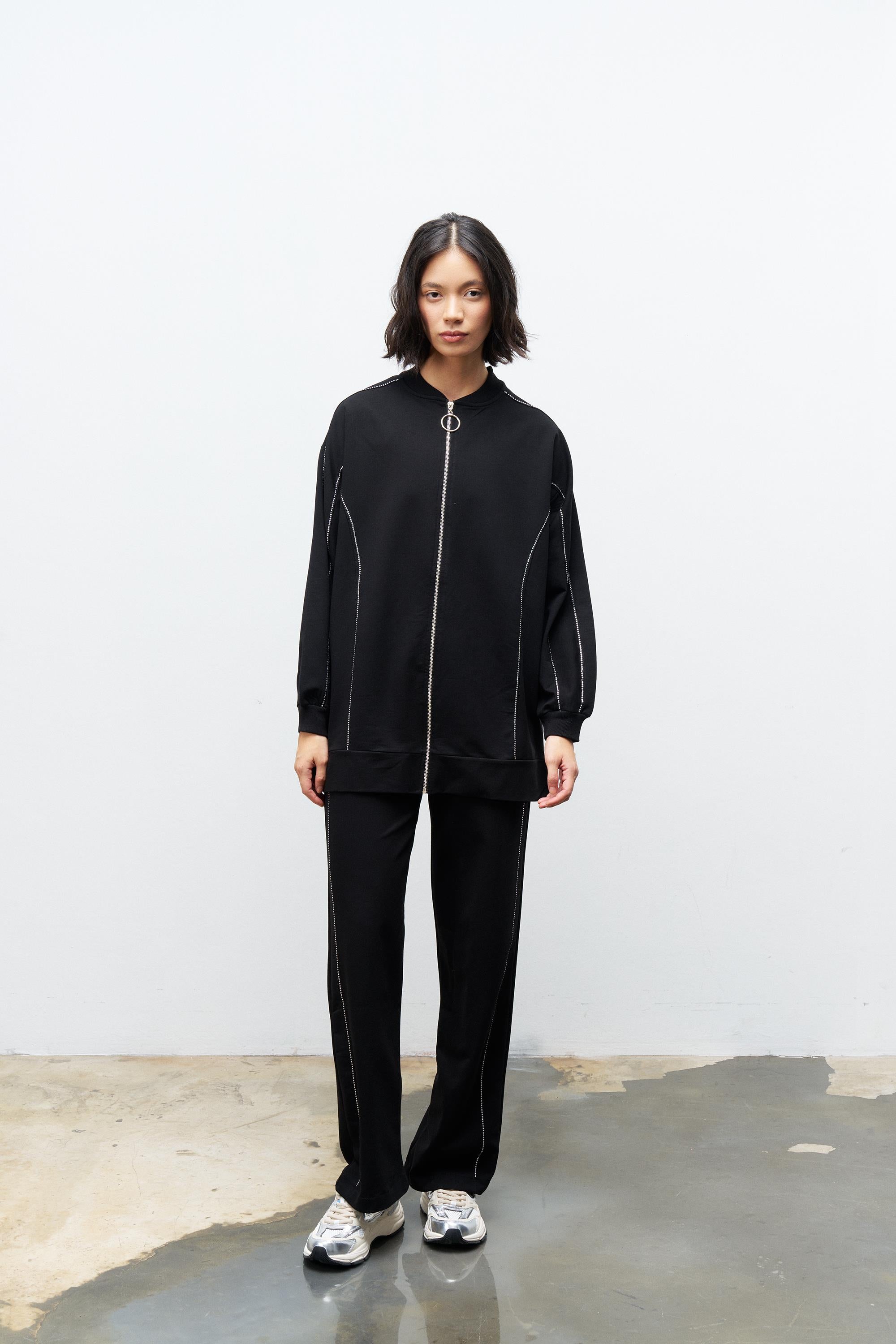 Siyah Kadın Taş Detaylı Fermuarlı Pamuklu Örme Alt Üst Takım