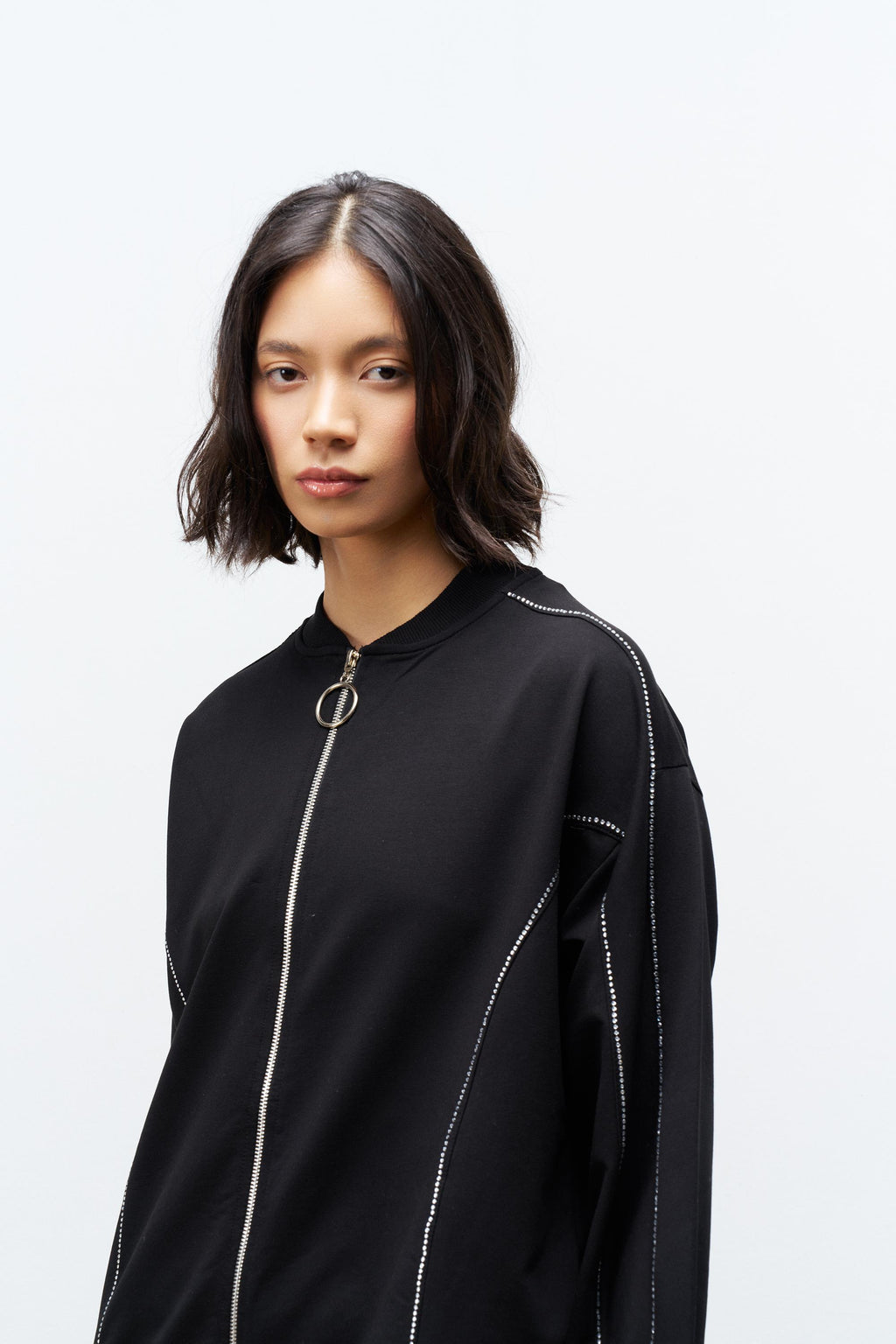 Siyah Kadın Taş Detaylı Fermuarlı Pamuklu Örme Alt Üst Takım