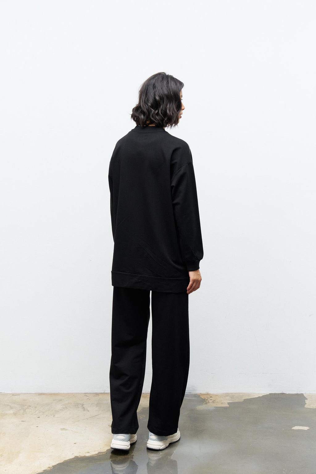 Siyah Kadın Taş Detaylı Fermuarlı Pamuklu Örme Alt Üst Takım