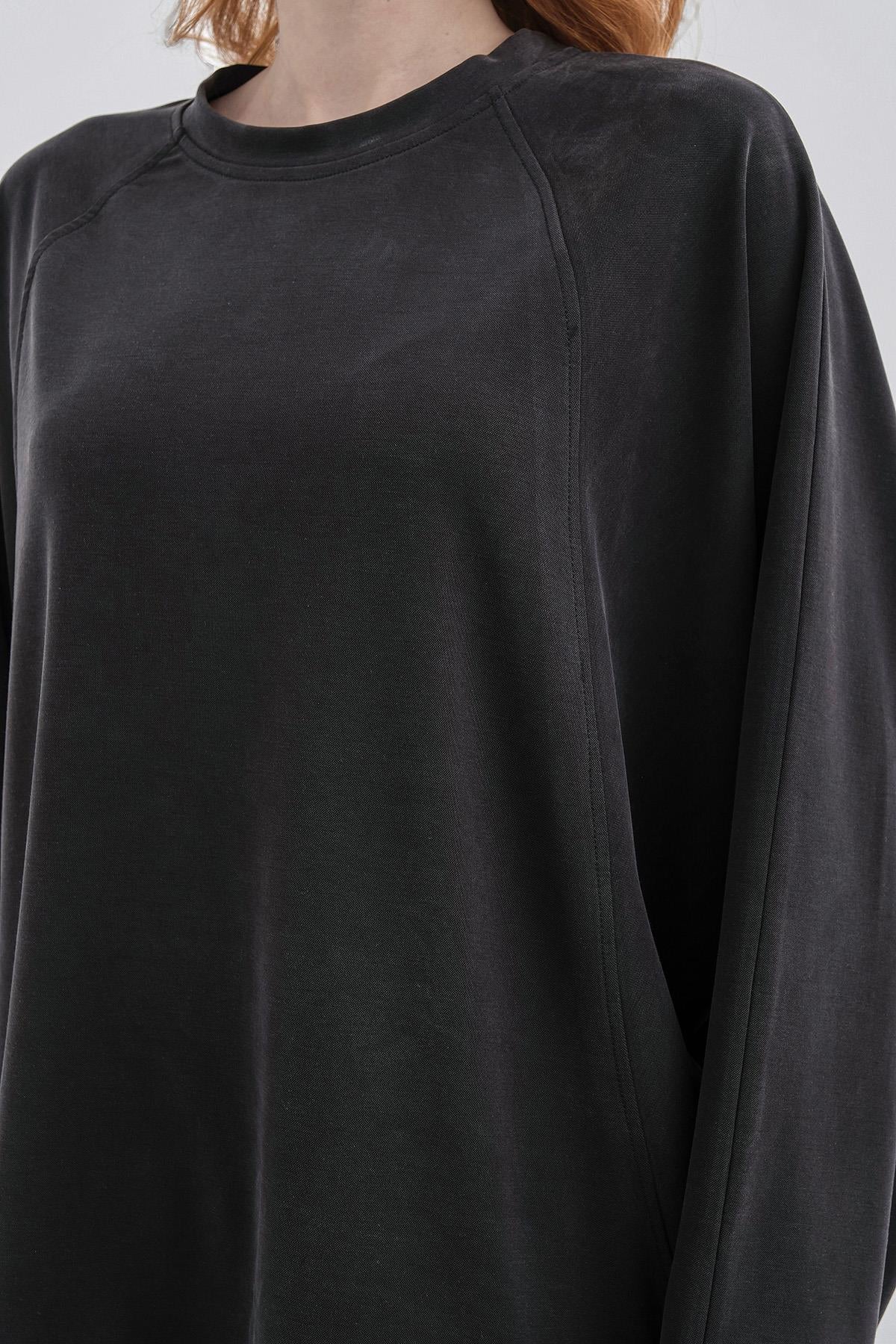 Siyah Kadın Tencel Karışımlı Yumuşak Dokulu Bisiklet Yaka Basic Bol Paça Alt-Üst Takım