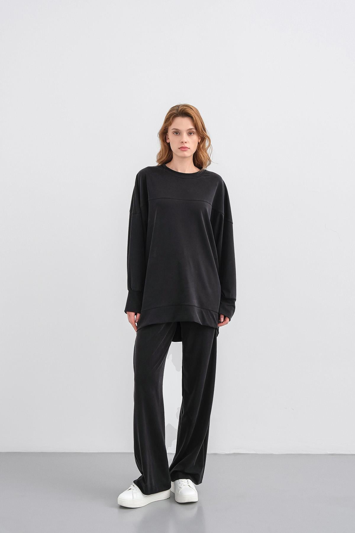 Siyah Kadın Tencel Karışımlı Yumuşak Dokulu Nervürlü Bol Paça Basic Alt-Üst Takım